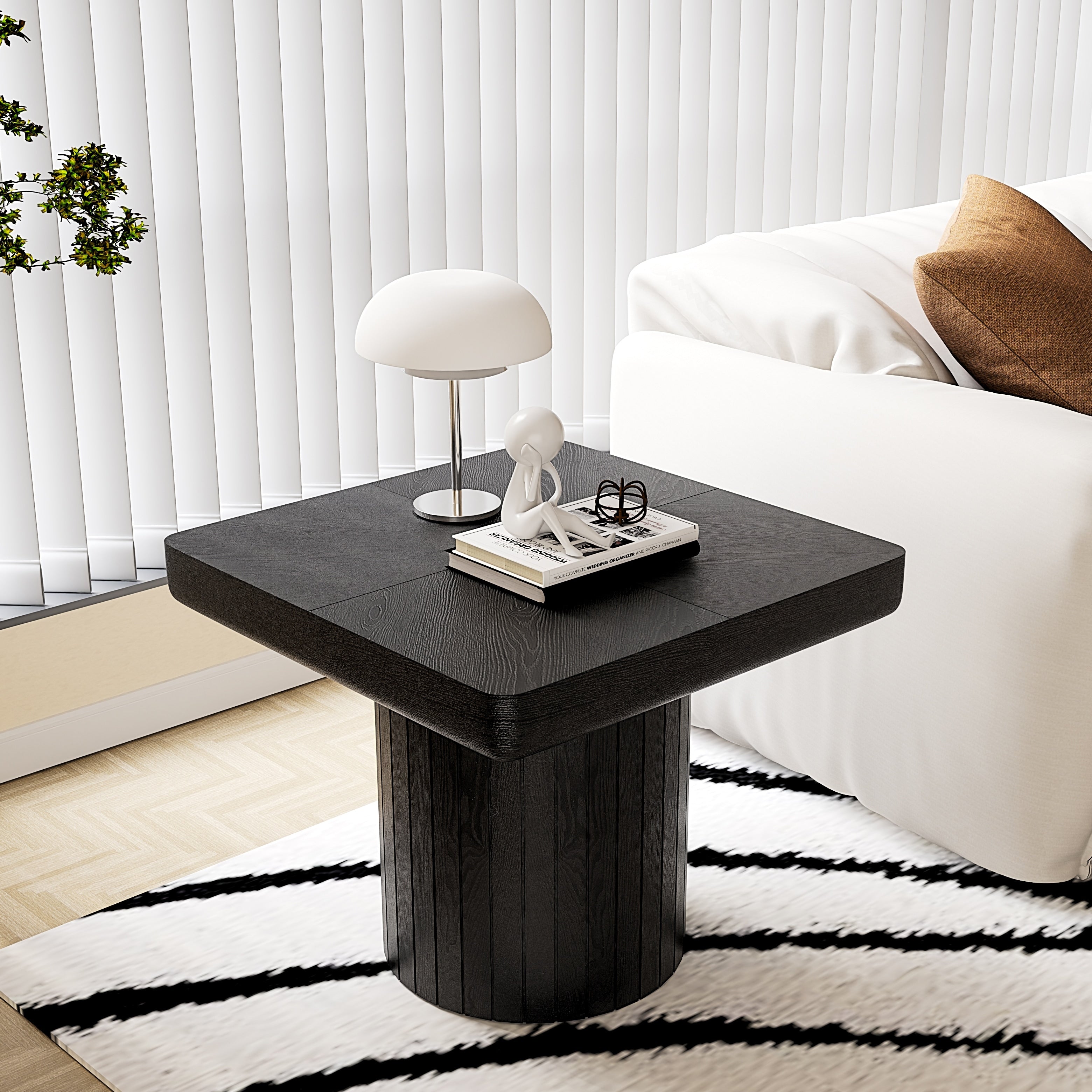 23.6 Modern Solid Wood Veneer End Table Square Side Table With Parquet Pattern Grooved Cylindrical Base Thickened Tabletop