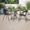 23.75 Inch Round Glass Metal Table With 2 Rattan Stack Chairs