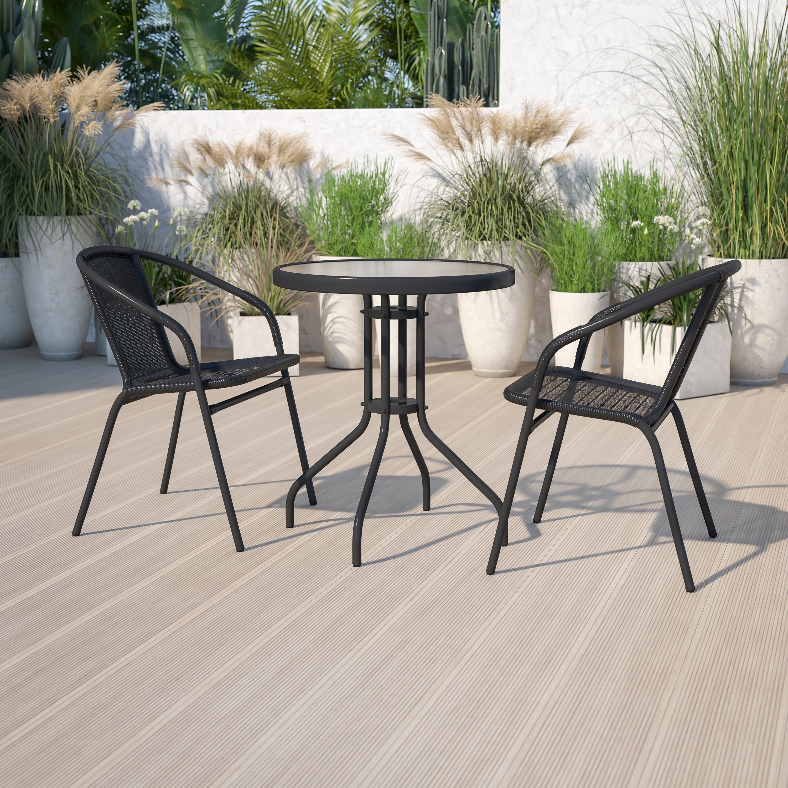 23.75 Inch Round Glass Metal Table With 2 Rattan Stack Chairs