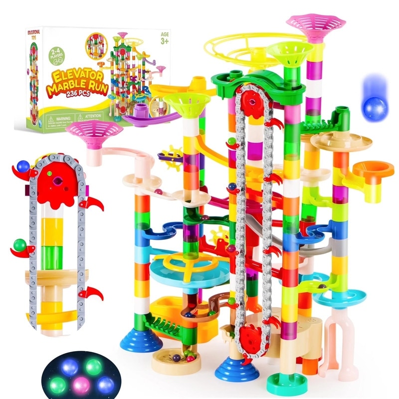 236Pcs Glowing Marble Run With Motorized Elevator 30 Glow In The Dark Plastic Marbles Multicolor