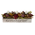 24 Brown Candle Holder With Mums And Pomegranates In A Rectangular Wooden Box