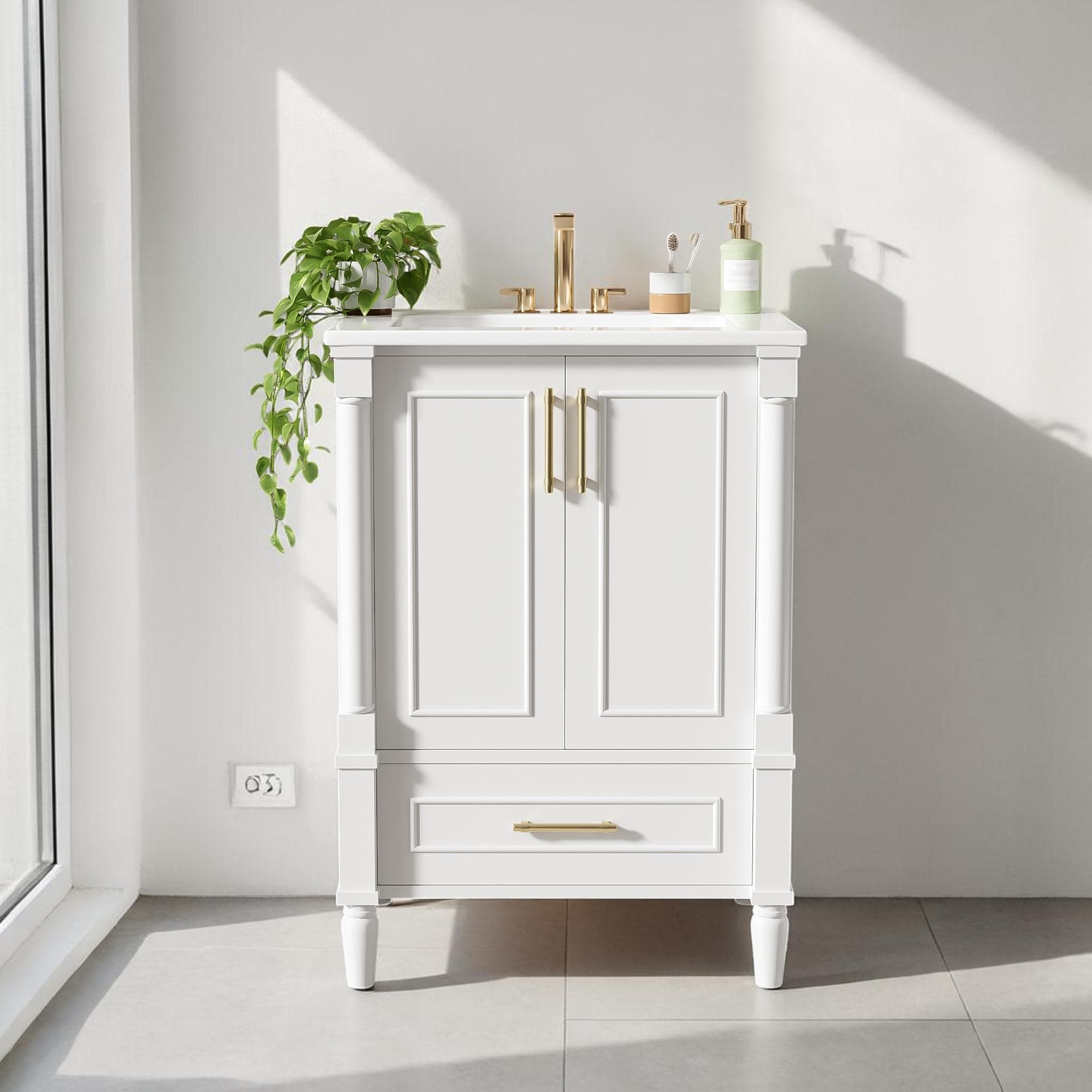 24 Inch Bathroom Vanity With Ceramic Sink French Style Cabinet With Drawer Adjustable Shelf And Soft Close Hinges