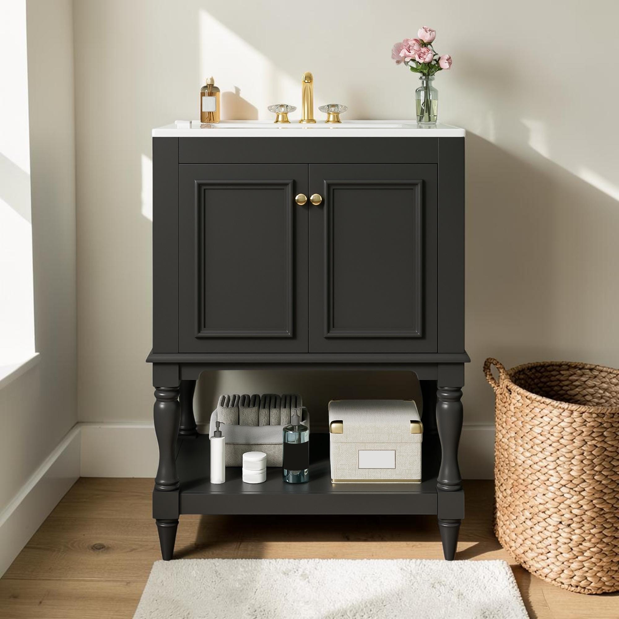 24 Inch Bathroom Vanity With Ceramic Sink Modern Luxury Storage Cabinet With Open Shelf And Closed Door Storage