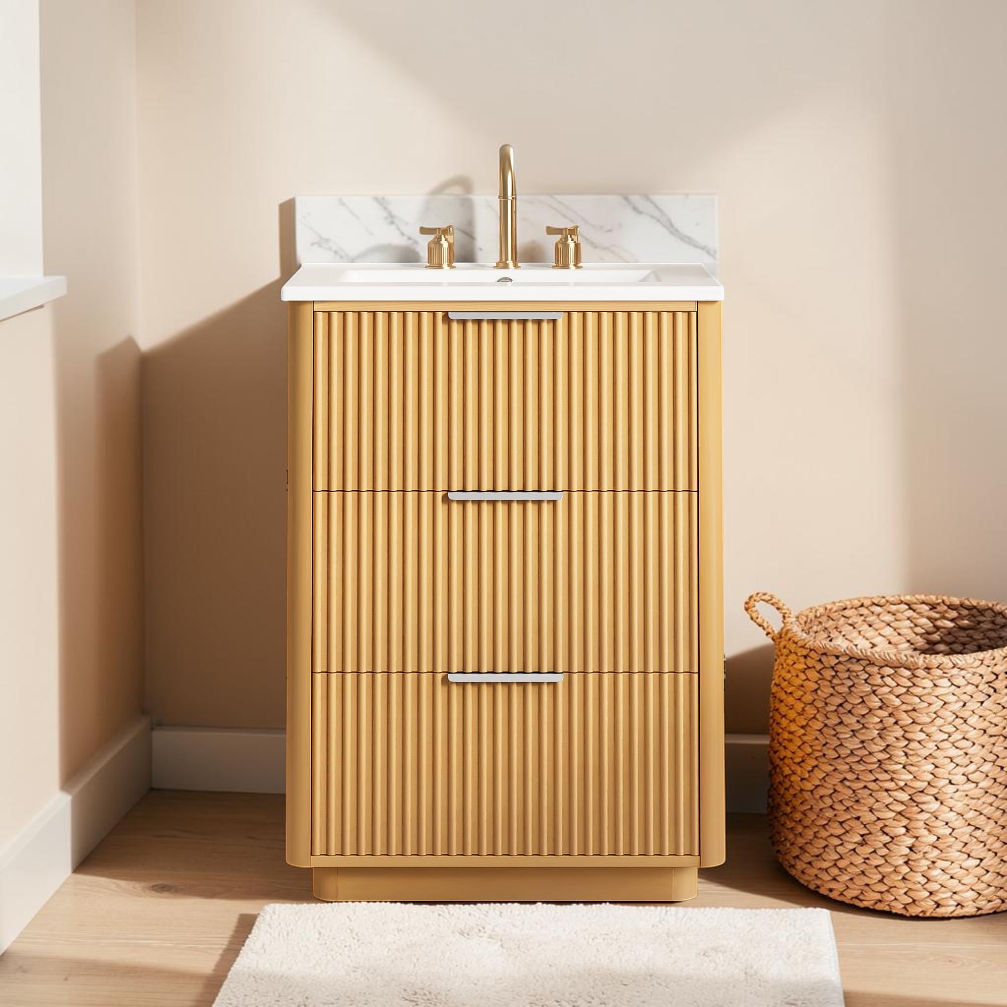 24 Inch Bathroom Vanity With Ceramic Sink Modern Storage Cabinet With 3 Drawers And Open Shelf