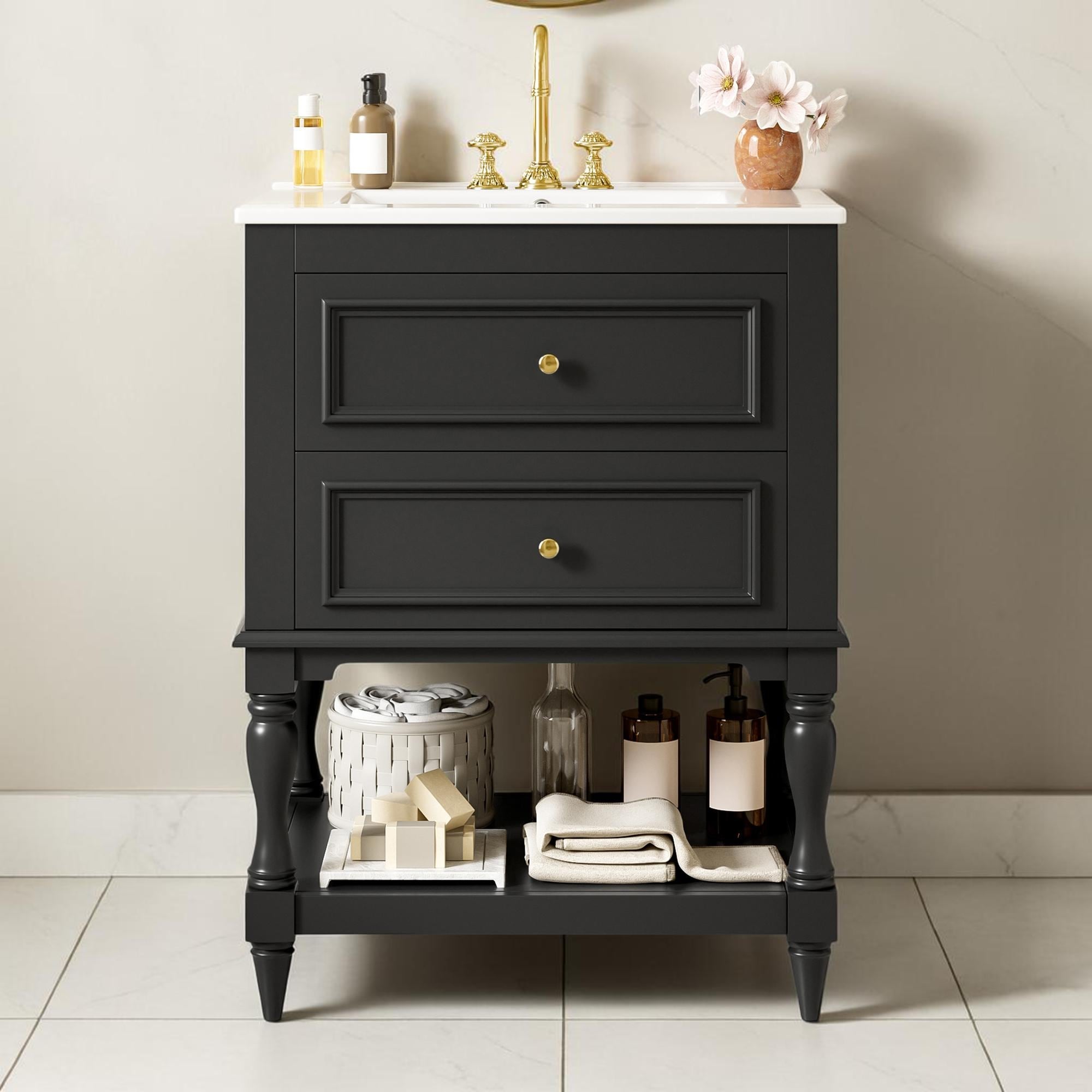 24 Inch Bathroom Vanity With Ceramic Sink Retro Bathroom Storage Cabinet With Open Shelf And 2 Drawers
