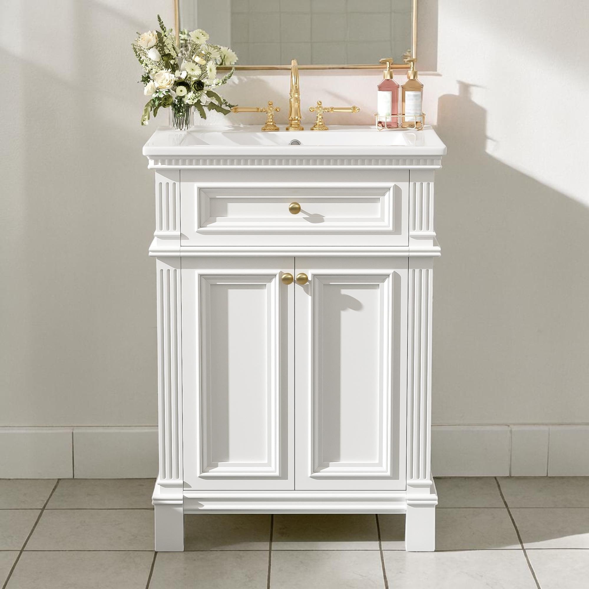 24 Inch Bathroom Vanity With Ceramic Sink Vintage Storage Cabinet With Soft Close Doors And Adjustable Shelf