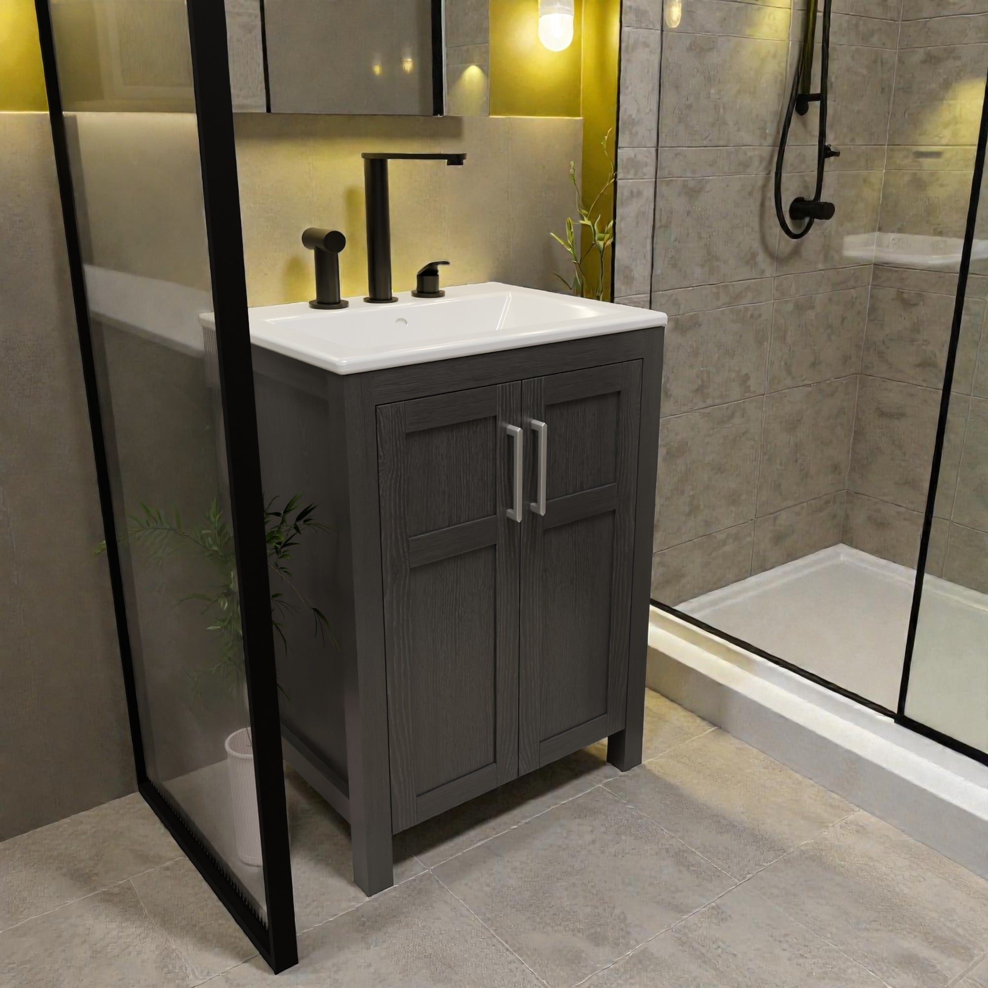 24 Inch Bathroom Vanity With Sink Black Vanity Cabinet With White Ceramic Sink Faucet And Pop Up Drain Set