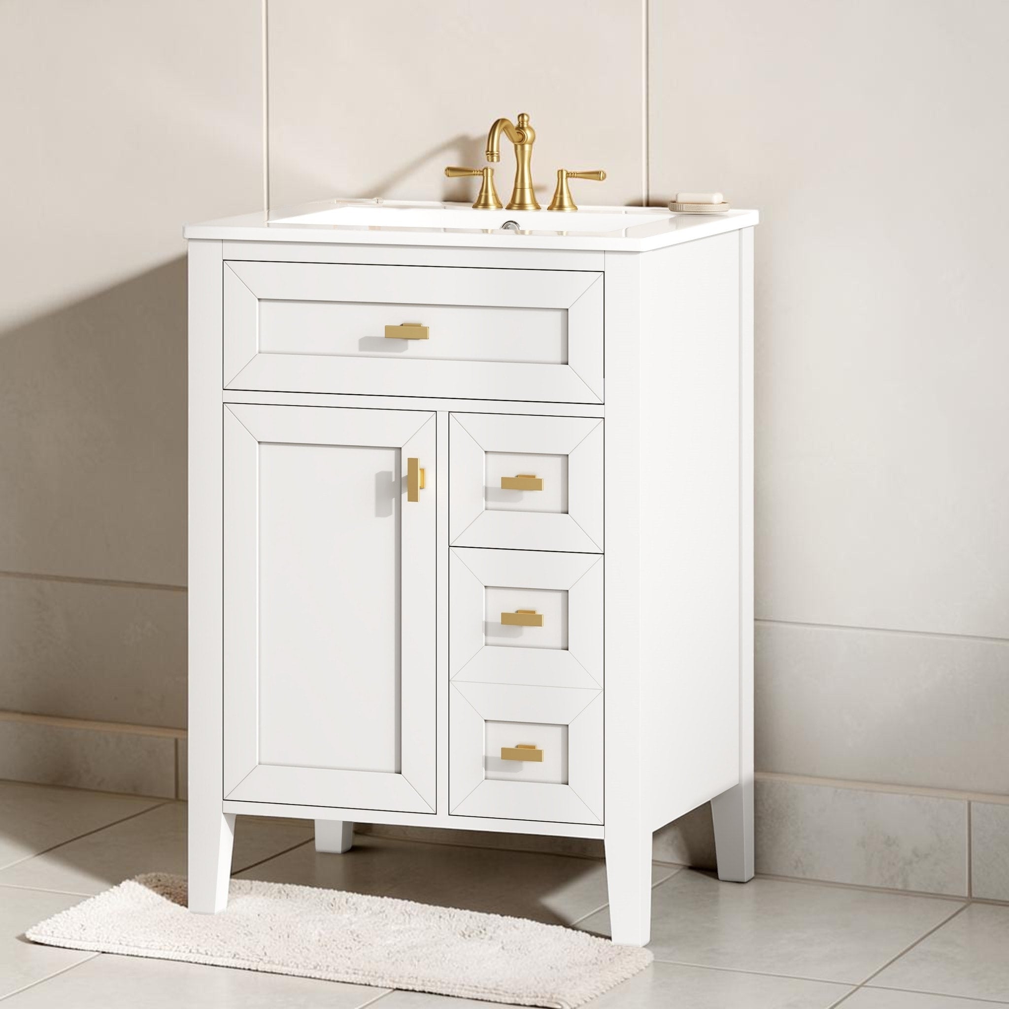 24 Inch Bathroom Vanity With Sink Freestanding Mdf And Rubberwood Storage Cabinet With 3 Drawers