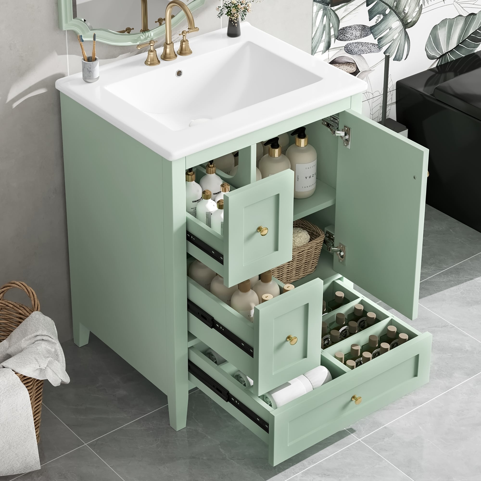 24 Inch Bathroom Vanity With Storage Adjustable Shelf Mdf Rubberwood Removable Dividers Green Finish