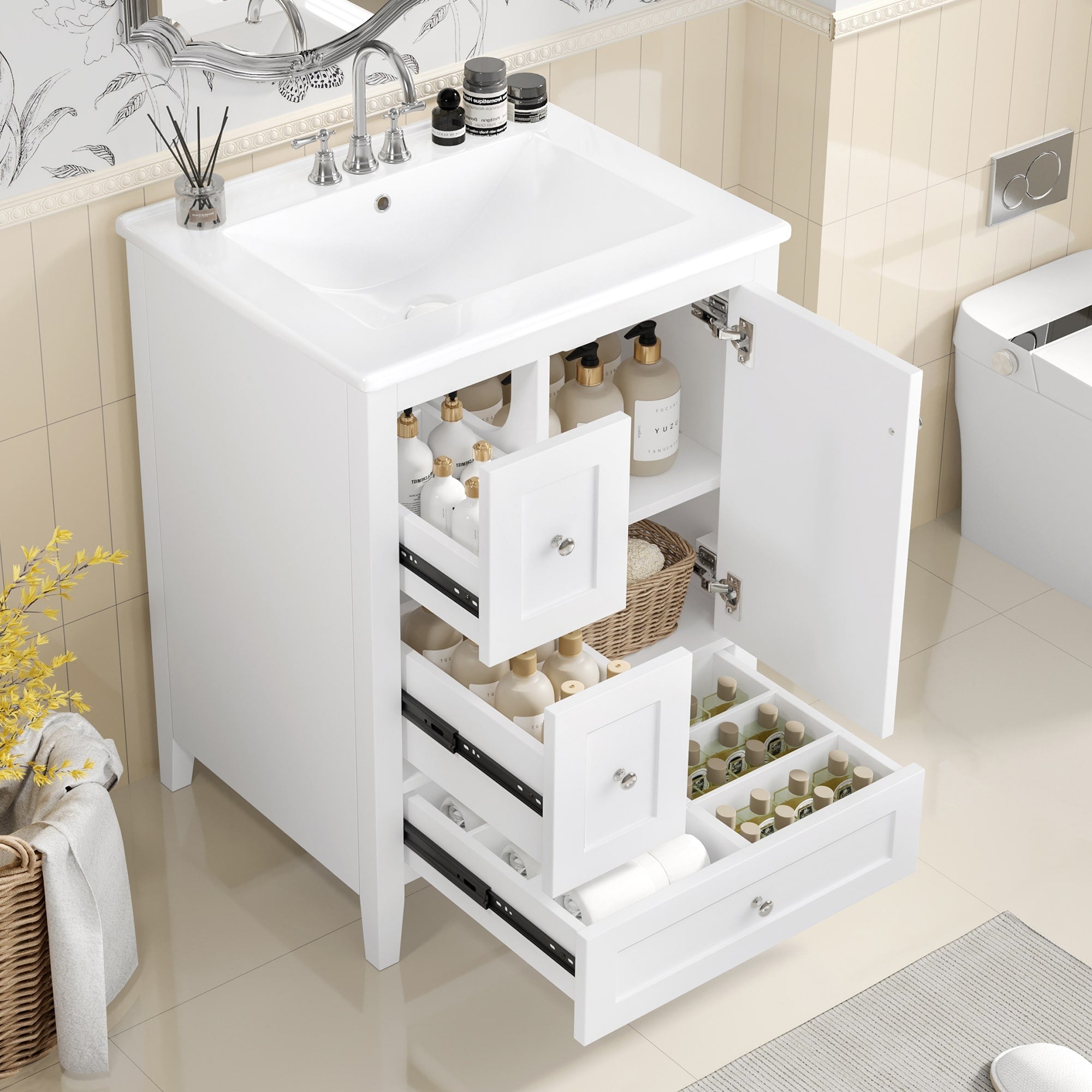 24 Inch Bathroom Vanity With Storage Adjustable Shelf Mdf Rubberwood Removable Dividers Glossy White Finish