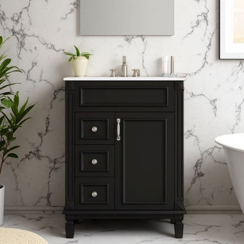 24 Inch French Style Bathroom Vanity With Ceramic Sink Freestanding Small Bath Cabinet With 2 Storage Drawers Adjustable Shelf
