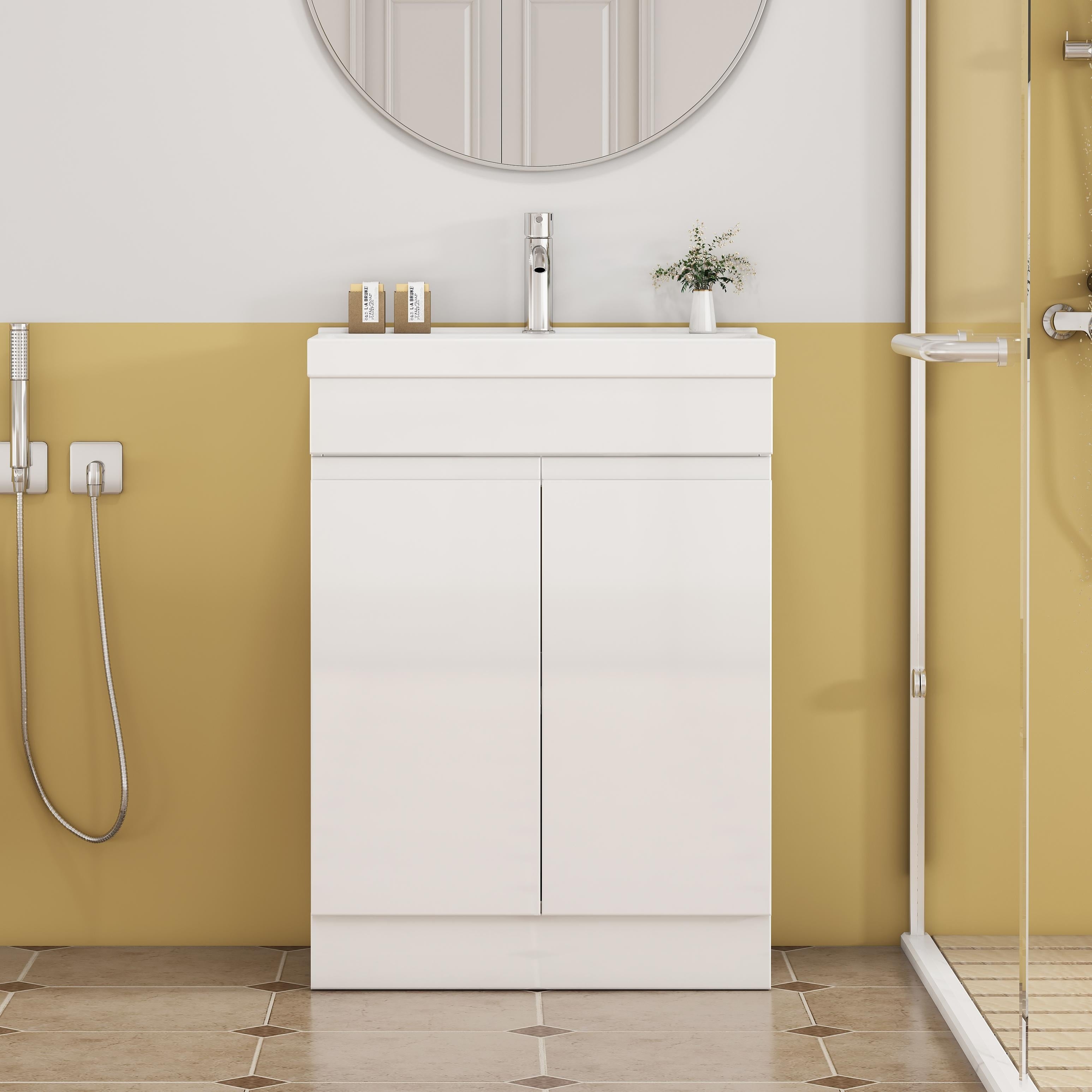 24 Inch Glossy White Bathroom Vanity With Sink Combo Floor Standing Bathroom Cabinet With Storage Thick Edged Ceramic Basin