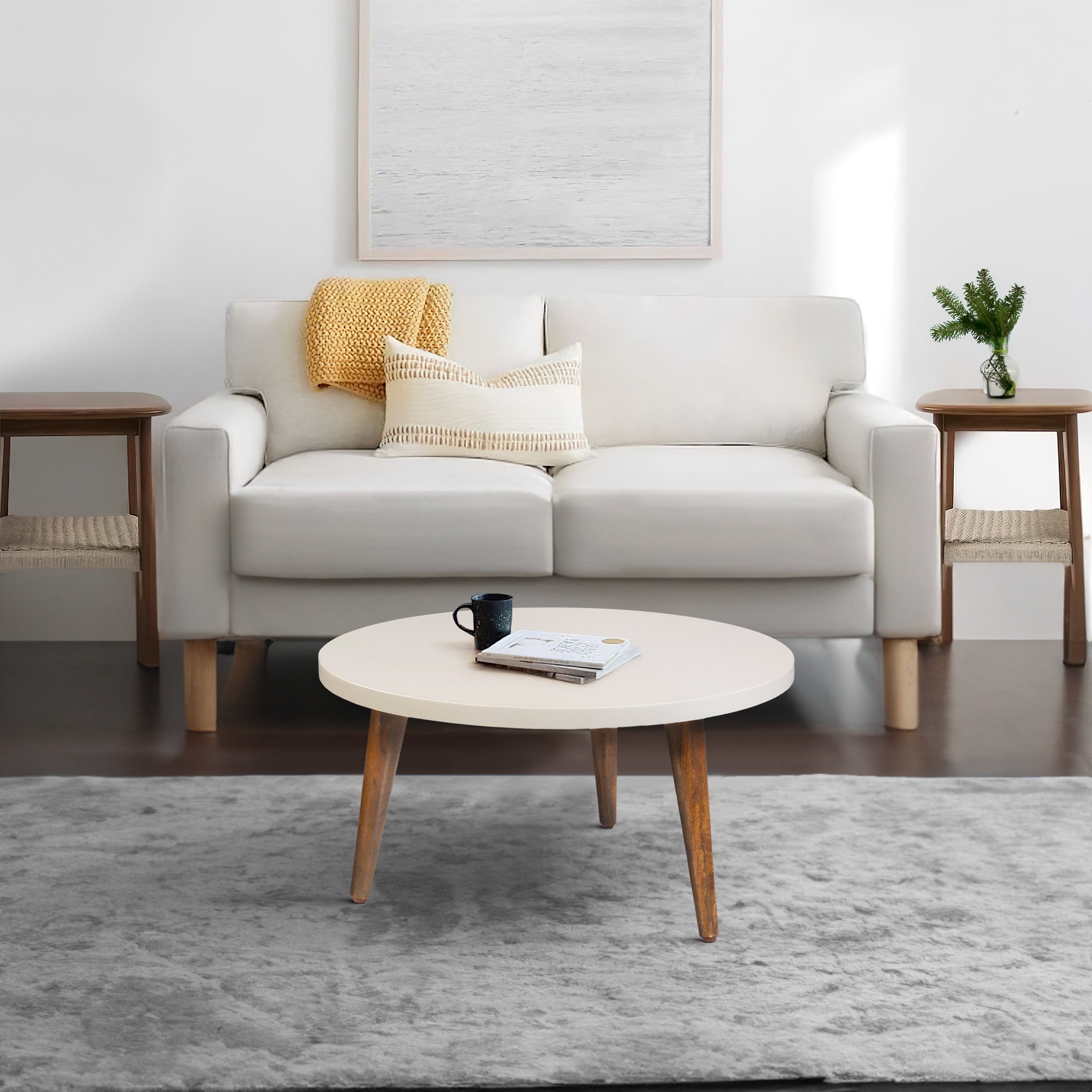 24 Inch Round Wooden Coffee Table With Splayed Legs White And Brown