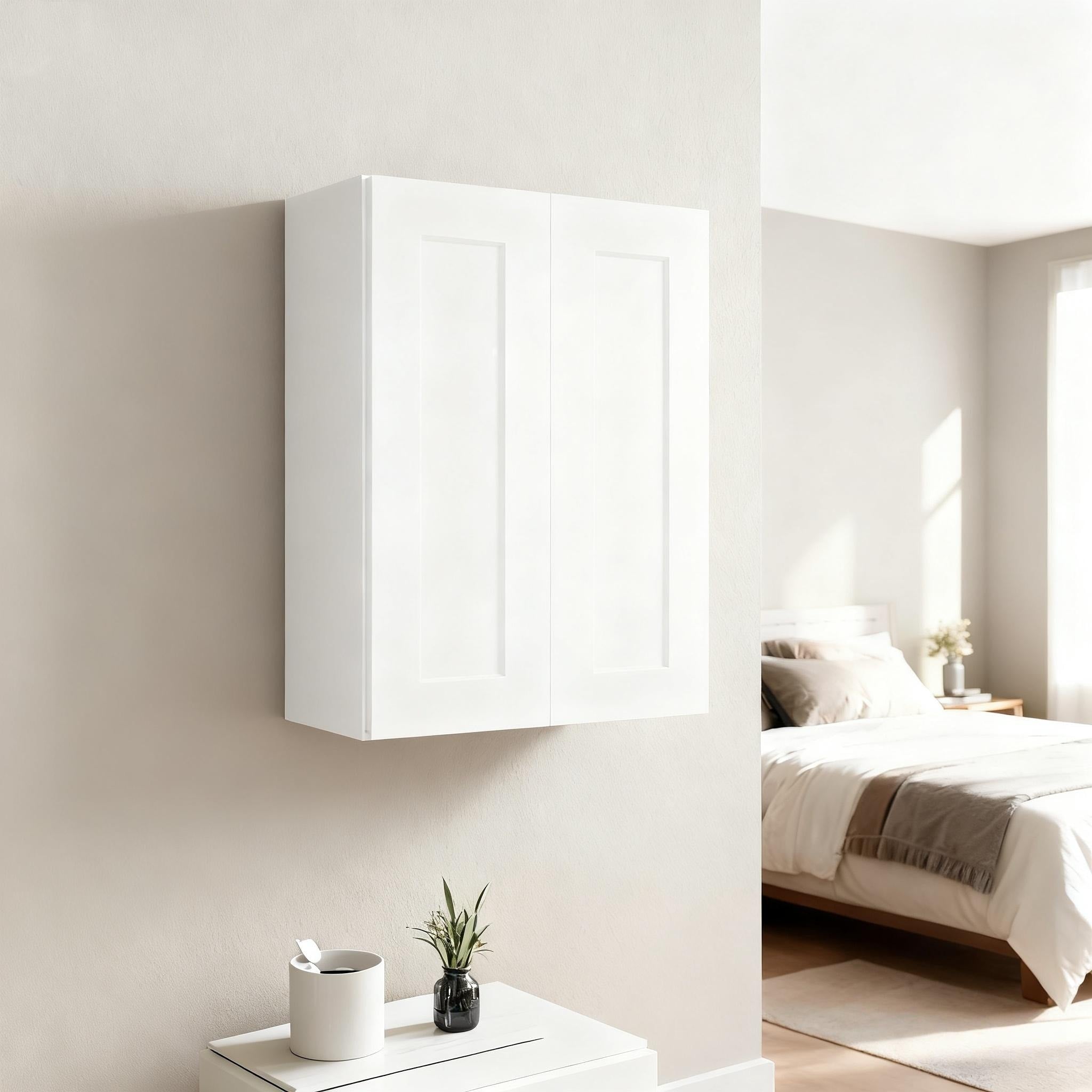 24 Inch White Shaker Double Door Wall Cabinet Solid Wood With 2 Adjustable Shelves For Kitchen Bathroom And Garage Storage