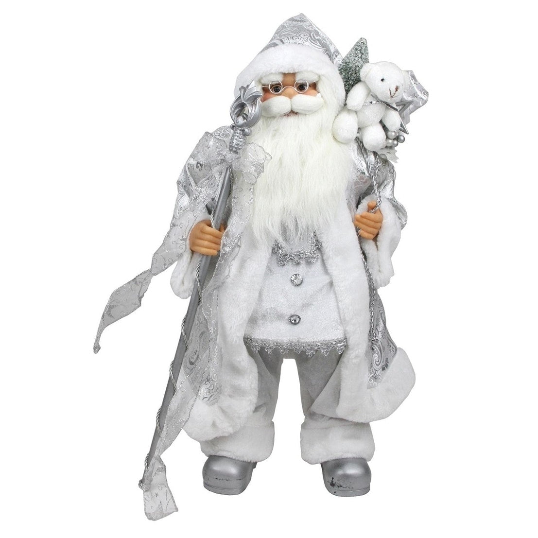 24 Winter Frost Standing White And Silver Santa Claus With Staff And Gift Bag Christmas Figure
