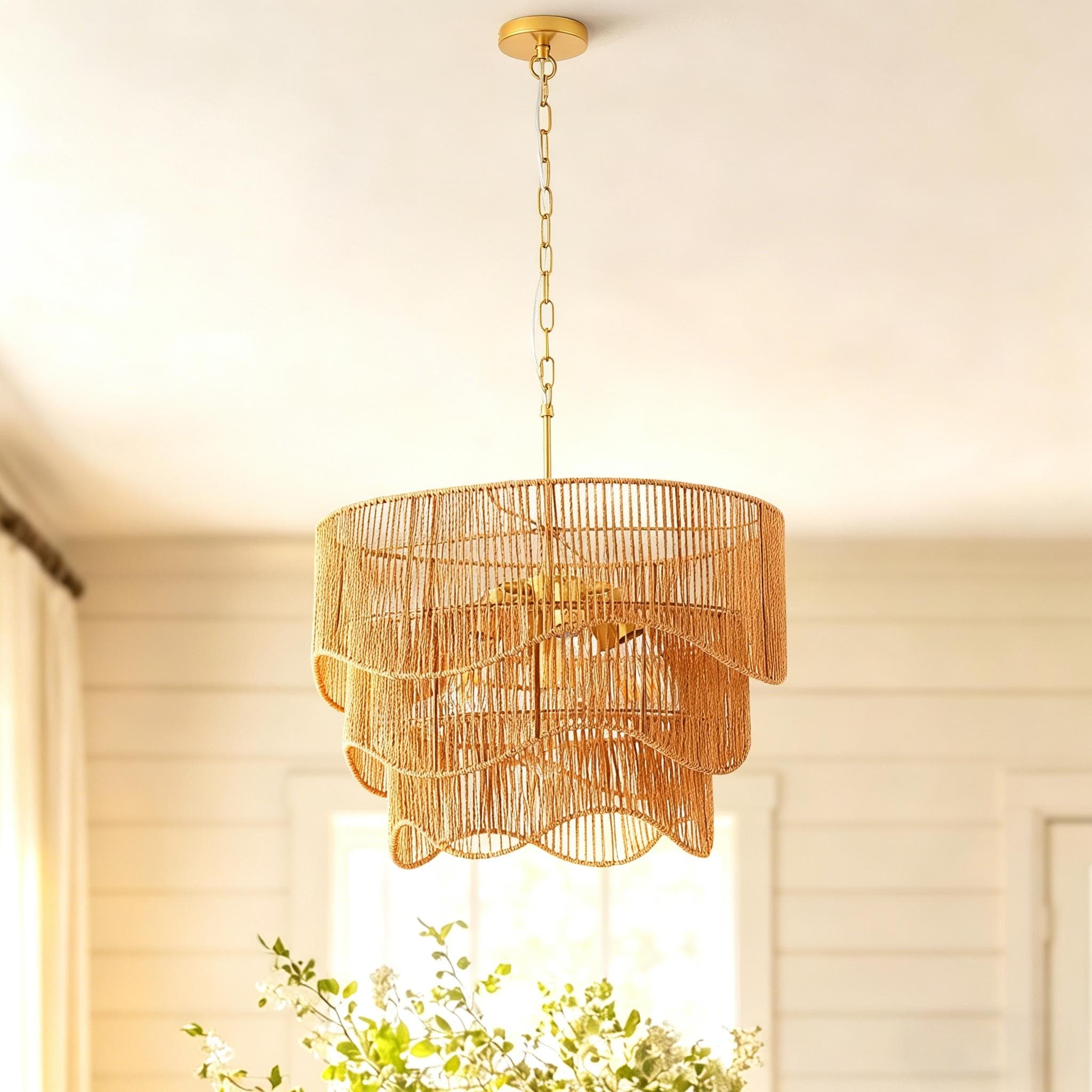24 In Rattan Boho Chandelier Adjustable Height Pendant Light For Dining Room Sloped Ceiling Compatible Sturdy Metal Hardware