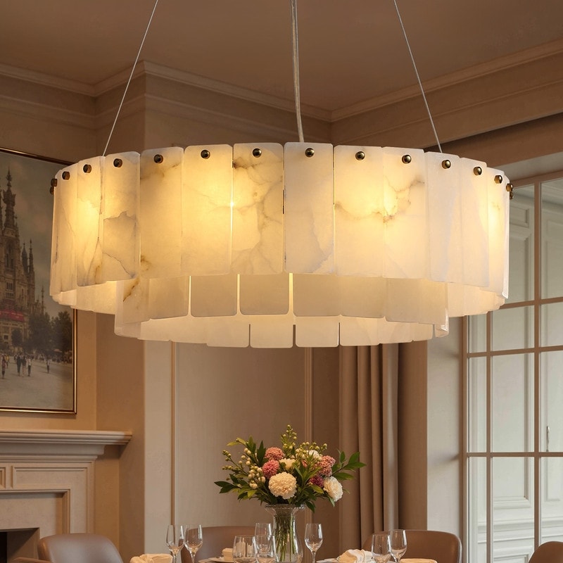 24 In. Alabaster Modern Chandeliers 9 Light Round Natural Marble Chandelier Pendant Light Fixture For Dining Room Kitchen N A