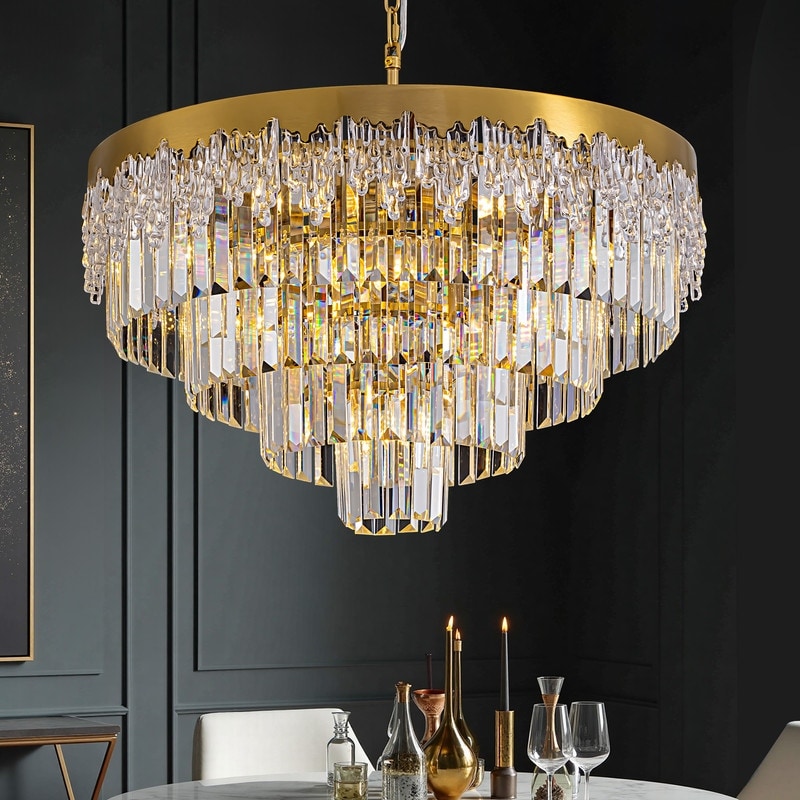 24 In. Modern 5 Tier Gold Crystal Chandelier With 11 Lights Round Contemporary Ceiling Light For Dining Room And Living Room