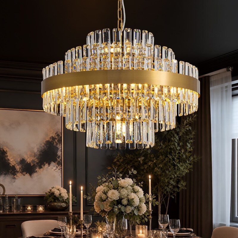 24 In. Modern Gold Crystal Chandelier 16 Light 6 Tier Round Raindrop Chandelier With Adjustable Chain For Dining Room Foyer