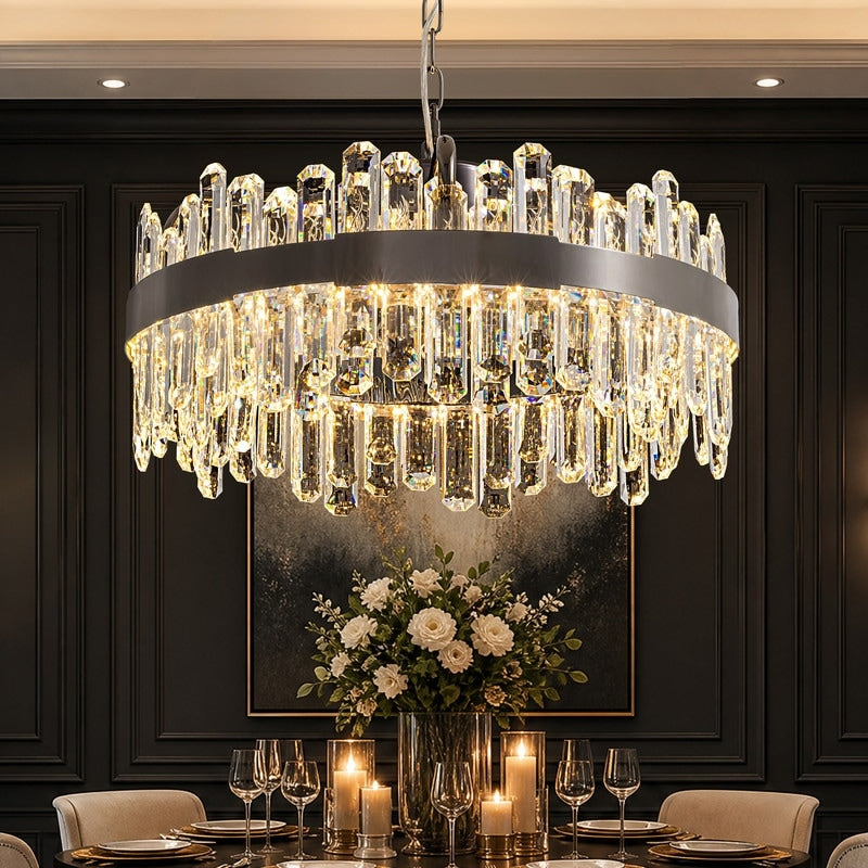 24 In. Modern Crystal Chandelier Graphite Black Round Led Crystal Pendant Light Dimmable Chandelier For Dining Room Living Room