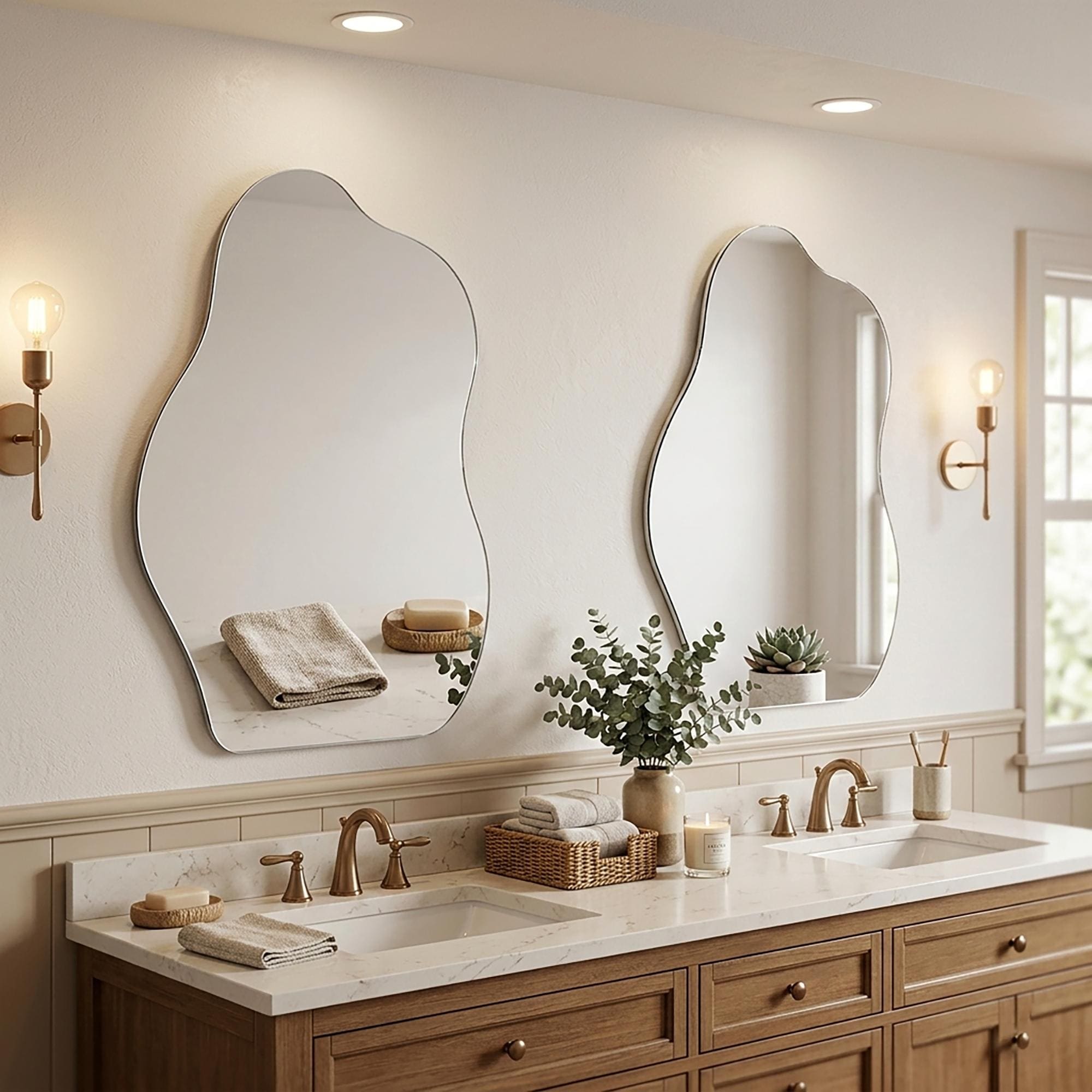 24 In. W X 36 In. H Cloud Shaped Mirror Frameless Wall Bathroom Vanity Mirror Set Of 2 36 X24