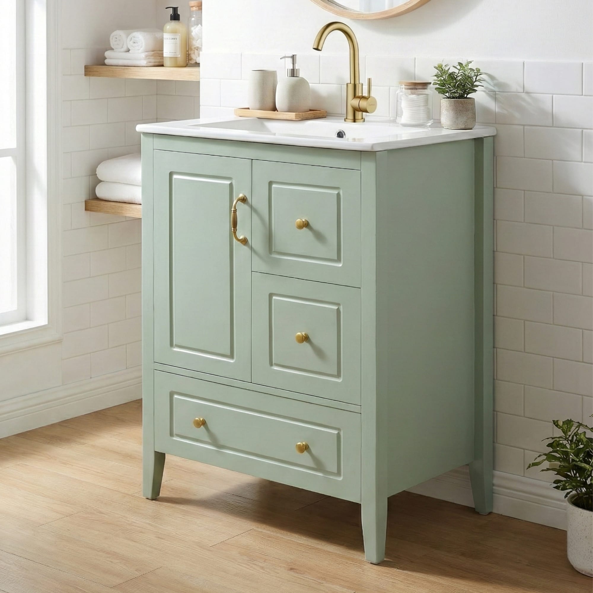 24 Inch Bathroom Vanity With Sink One Cabinet With Soft Closing Door 3 Soft Closing Drawers Retro Metal Handles