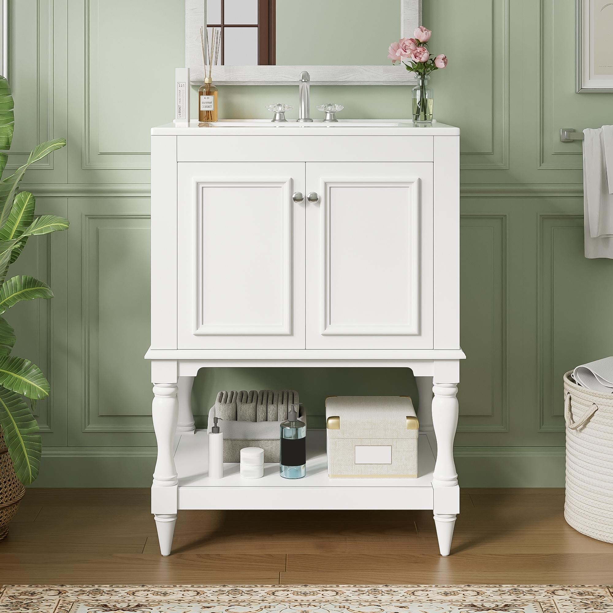24 Inch Modern Luxury Bathroom Vanity With Ceramic Sink Bathroom Cabinet With Open Shelf And Closed Storage