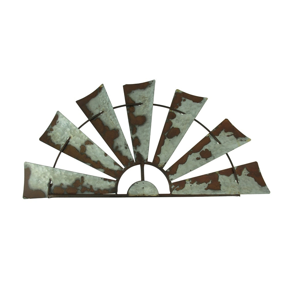 Rusty Weathered Metal Half Windmill Wall Hanging 12.5 X 24 X 0.25 Inches