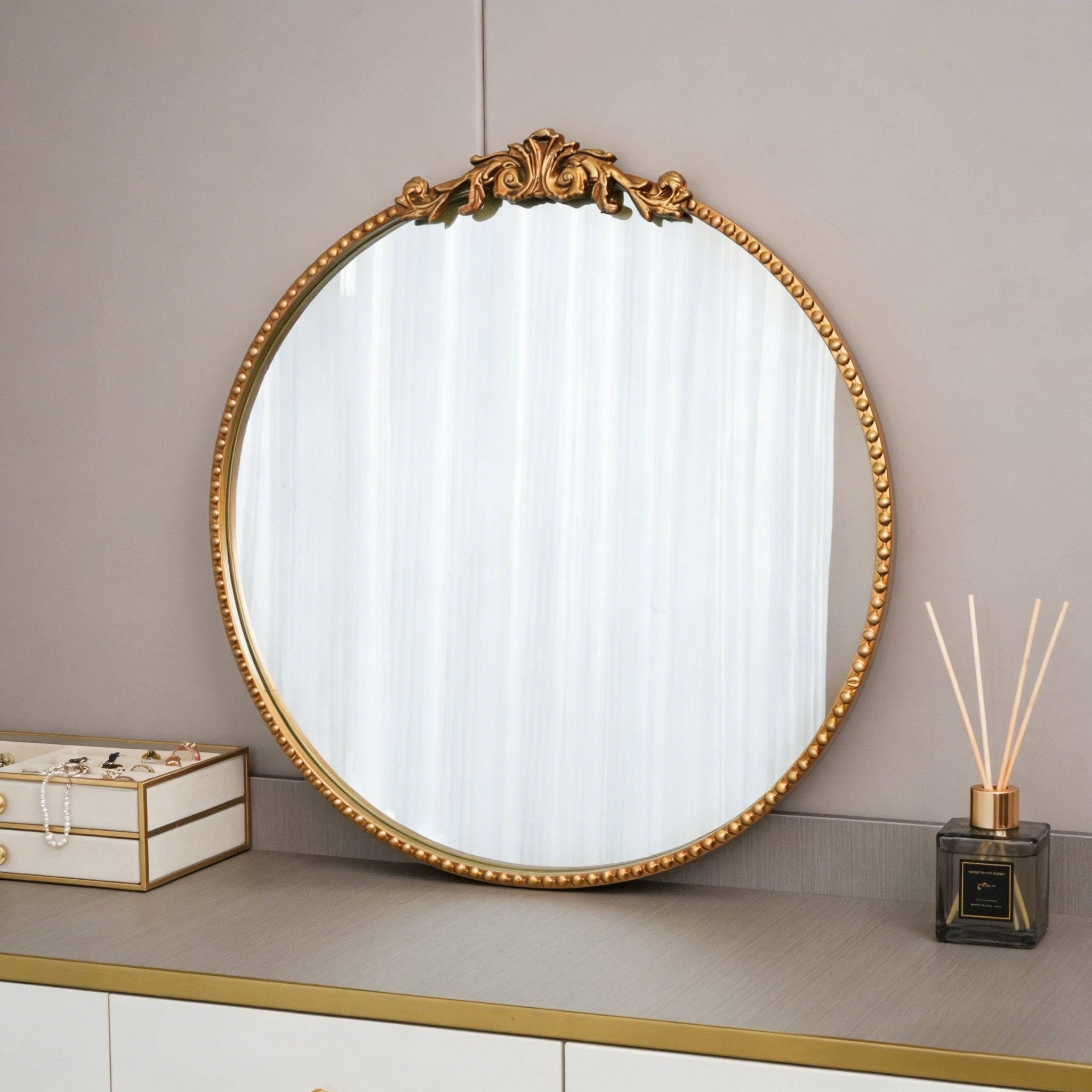 24 Inch Round Metal Carved Wall Mirror Gold Or Black Vintage European Style Decorative Mirror