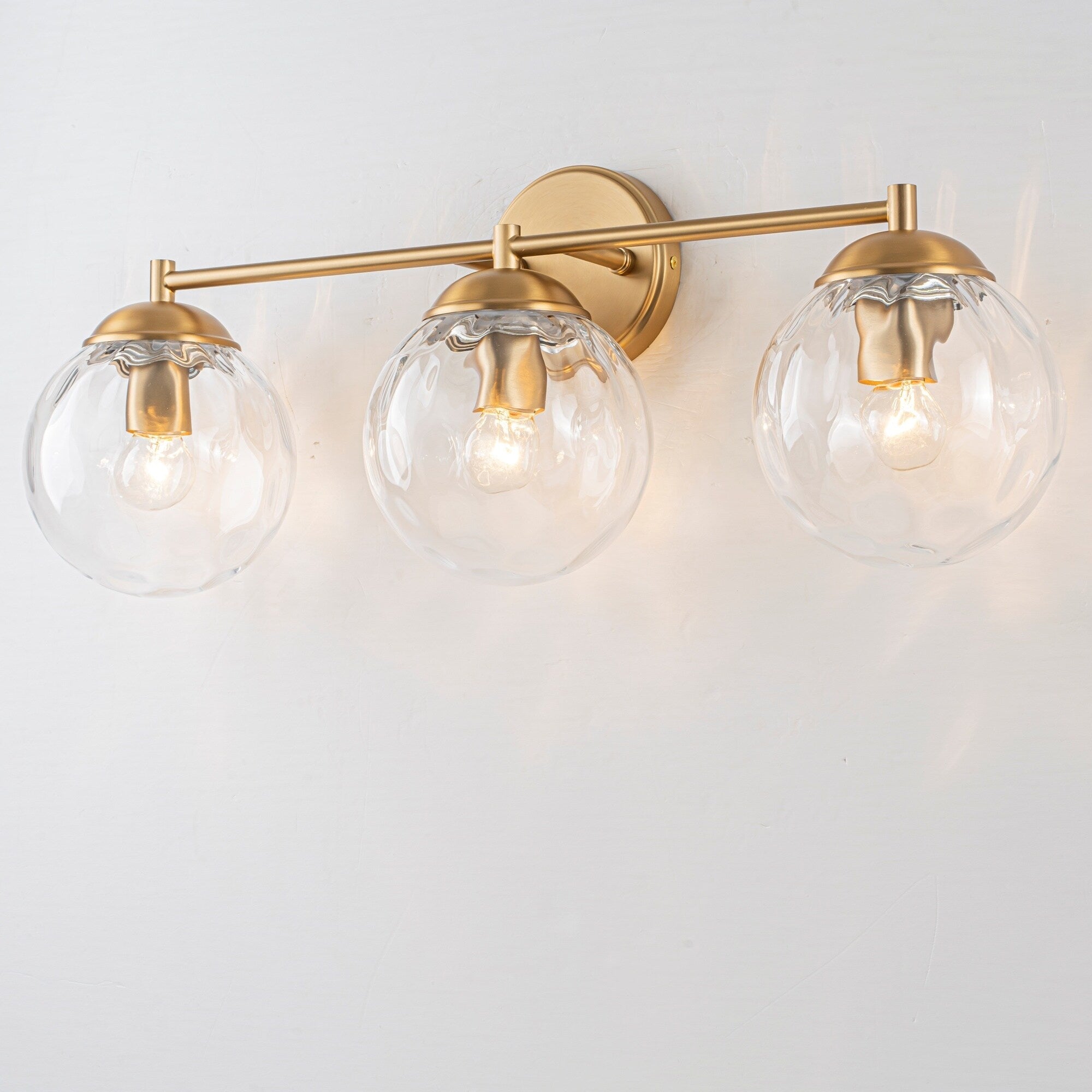 24.4 3 Light Brass Modern Linear Water Ripple Clear Glass Globes Bubble Bathroom Vanity Light