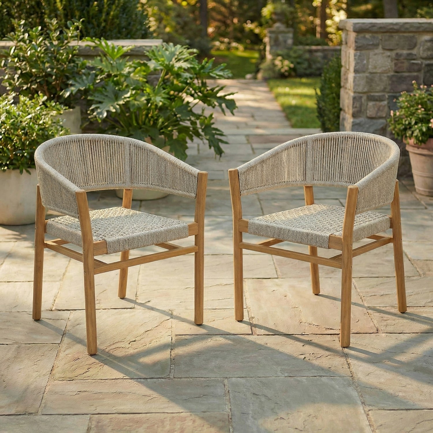 24.6 Outdoor Wood Dining Chair With Rope Woven Design Set Of 2