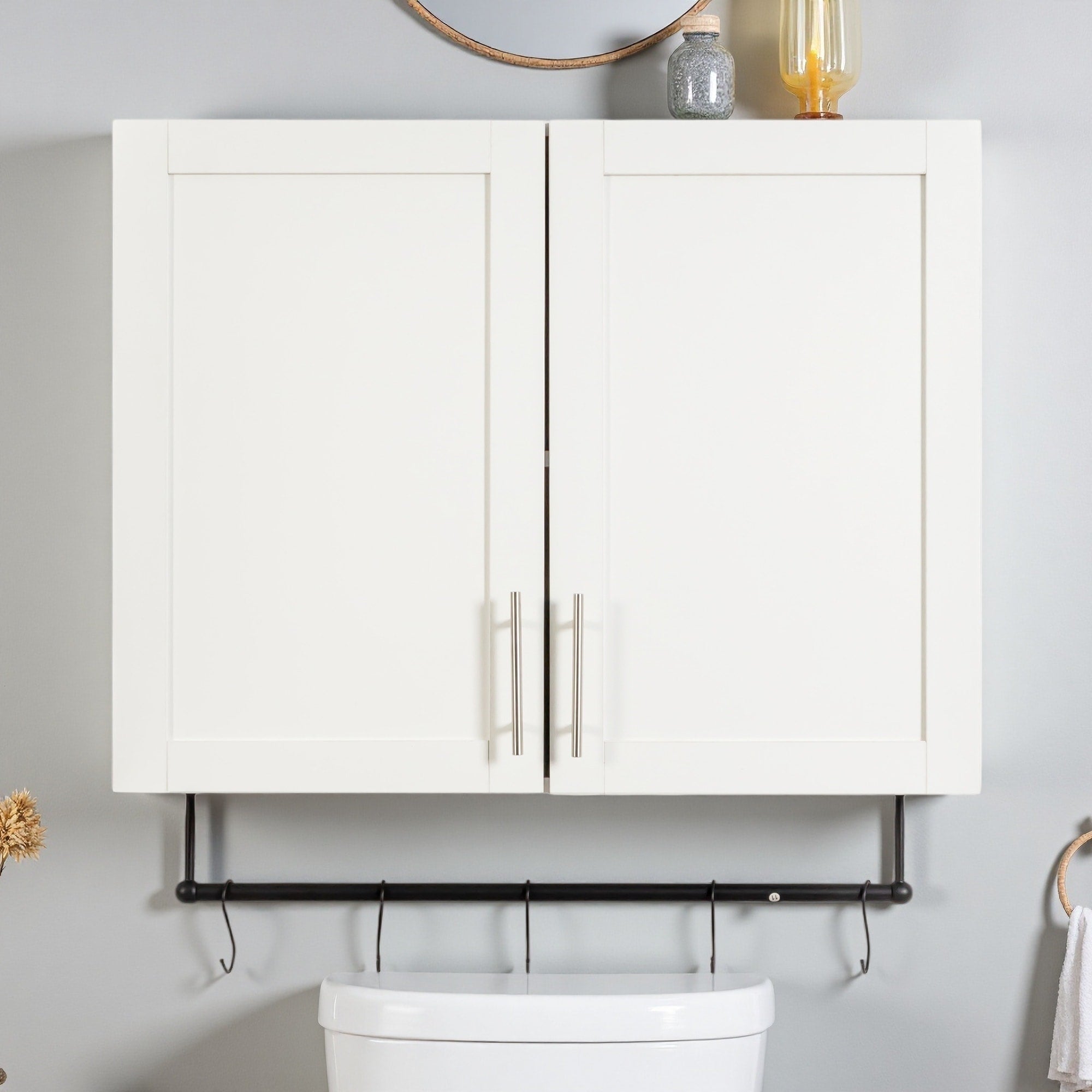 24.6 H Bathroom Wall Cabinet With Adjustable Shelf Towel Bar 5 Hooks Over The Toilet Storage Space Saving Design