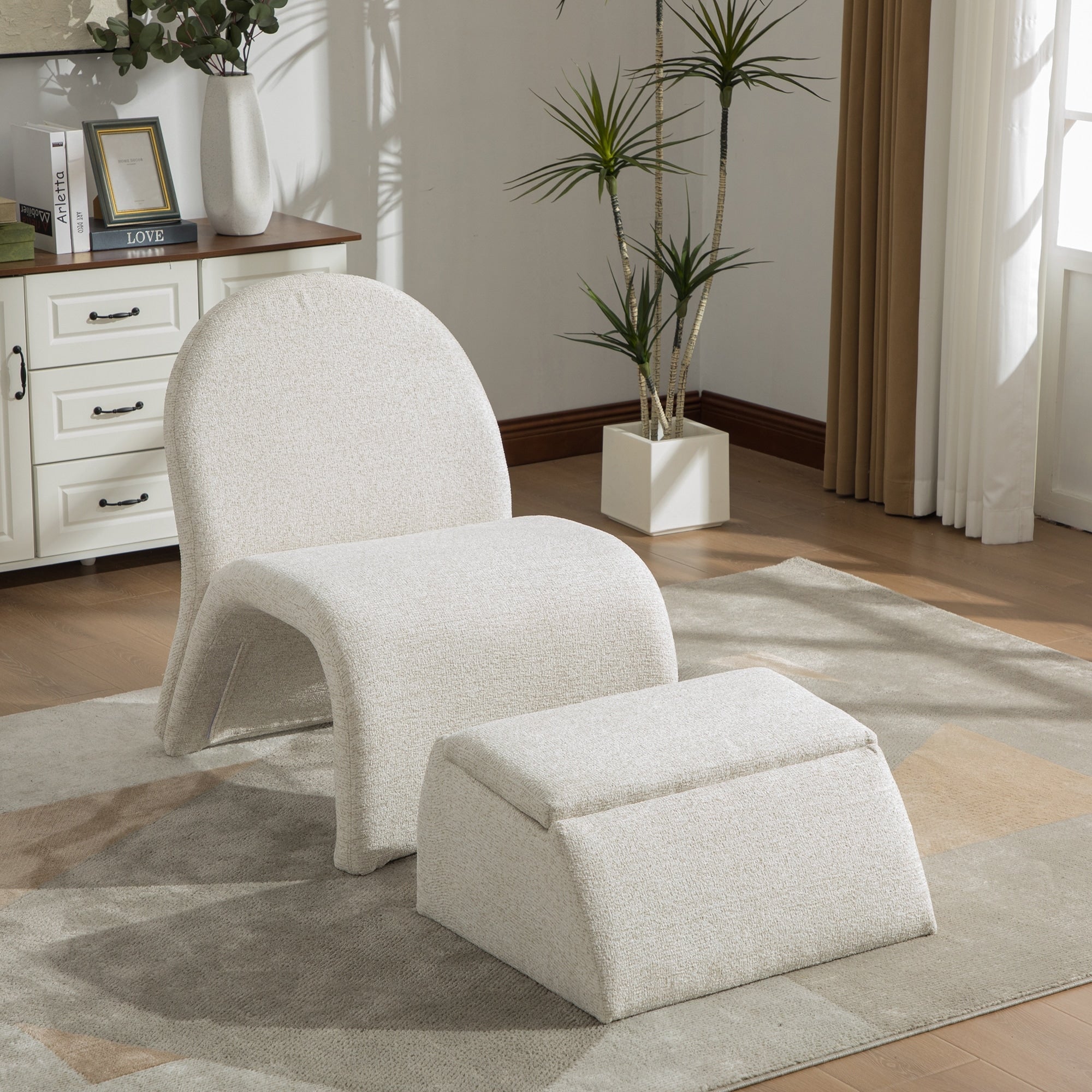 24.8 W Chenille Armless Accent Chair With Storage Ottoman Upholstered Lounge Chair For Living Room Bedroom