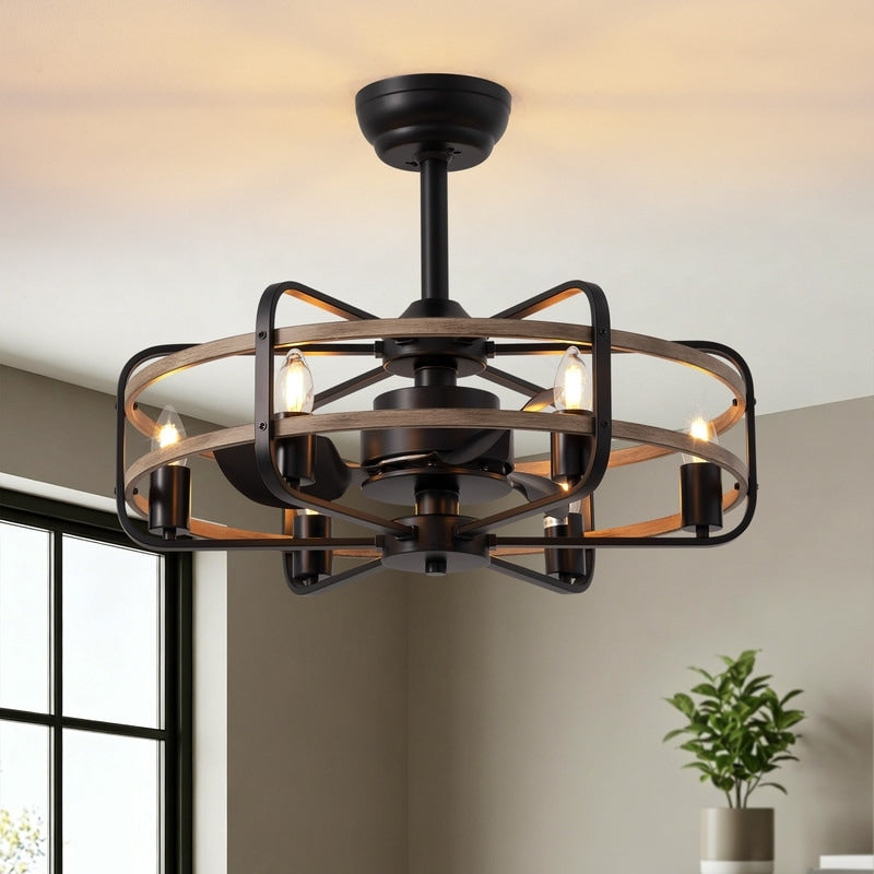 24.8In. Farmhouse Caged Ceiling Fan With Light Rustic Low Profile Fan Light With Remote Fixture For Living Room 24.8Inch