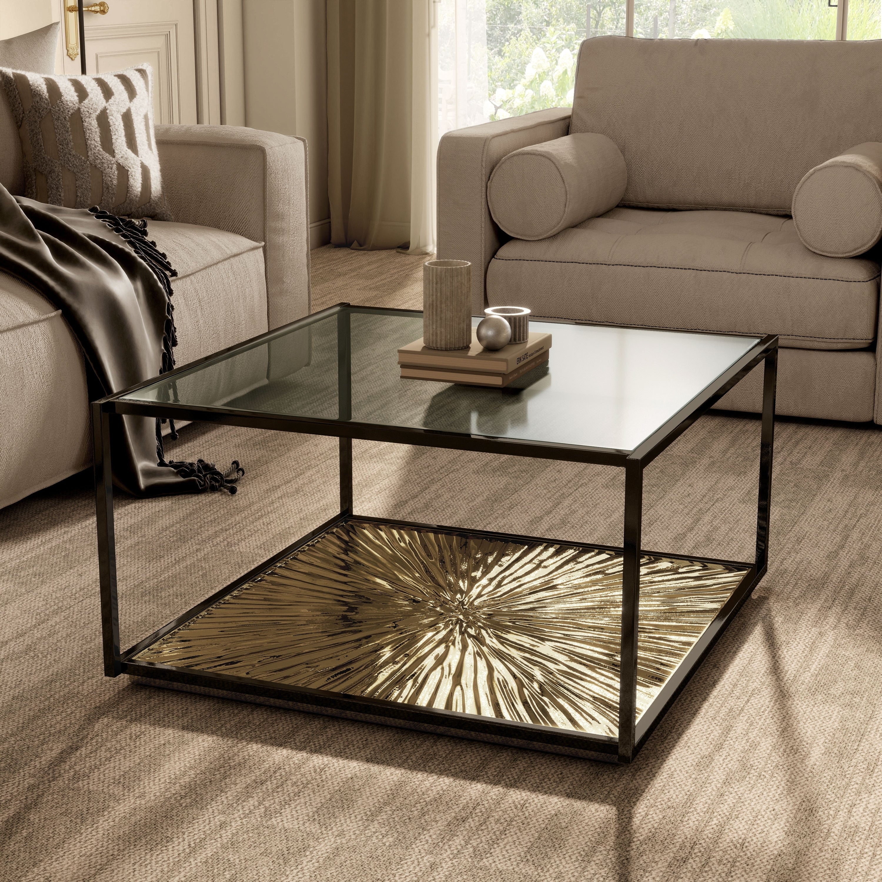 247 Shop At Home Aureum Modern 1 Shelf Coffee Table With Sunburst Base And Tempered Glass Top