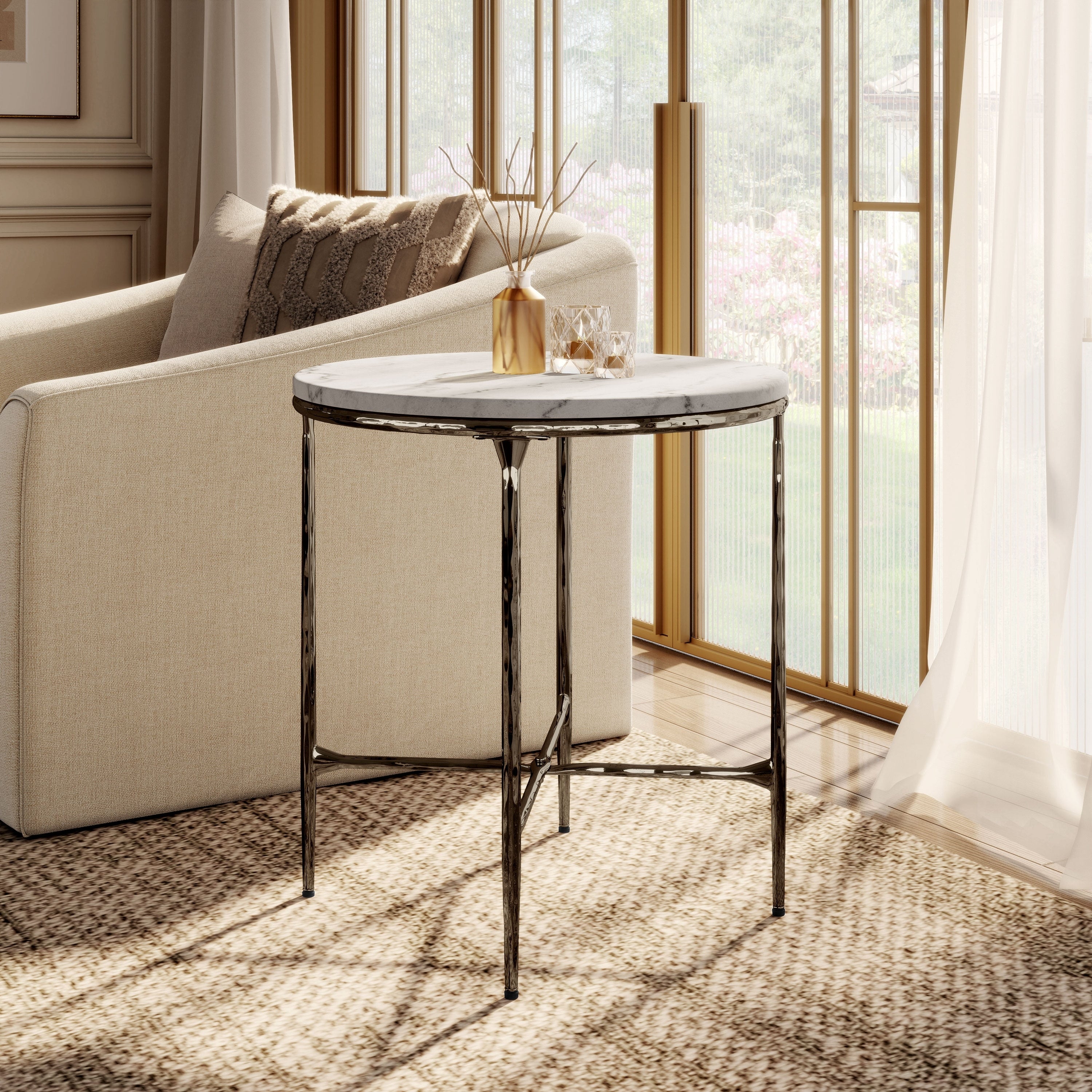 247 Shop At Home Aureum Modern Hammered Dark Bronze Metal White Genuine Marble End Table With X Brace