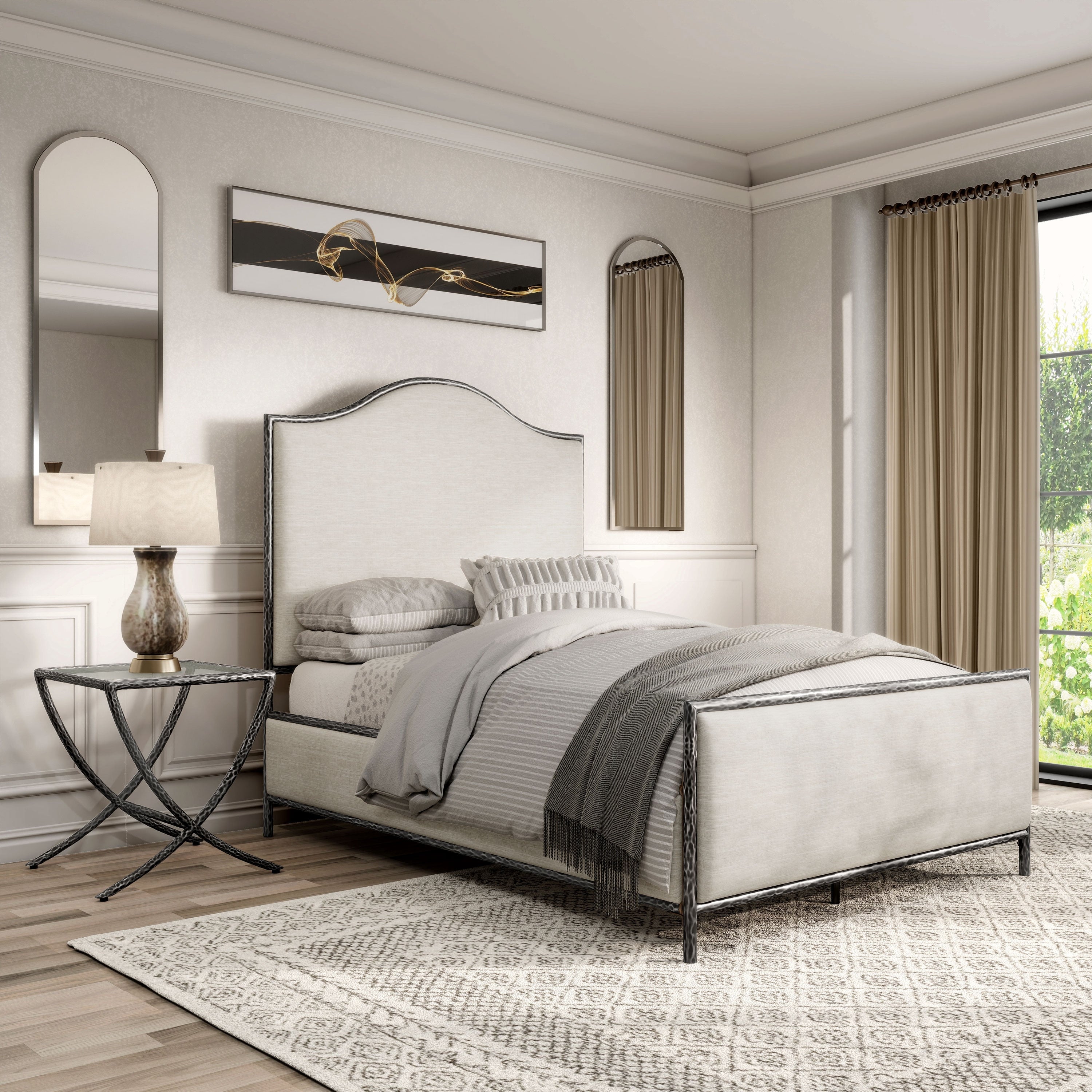 247 Shop At Home Lalia Modern 2 Piece Upholstered Hammered Metal Camelback Bedroom Set With Nightstand