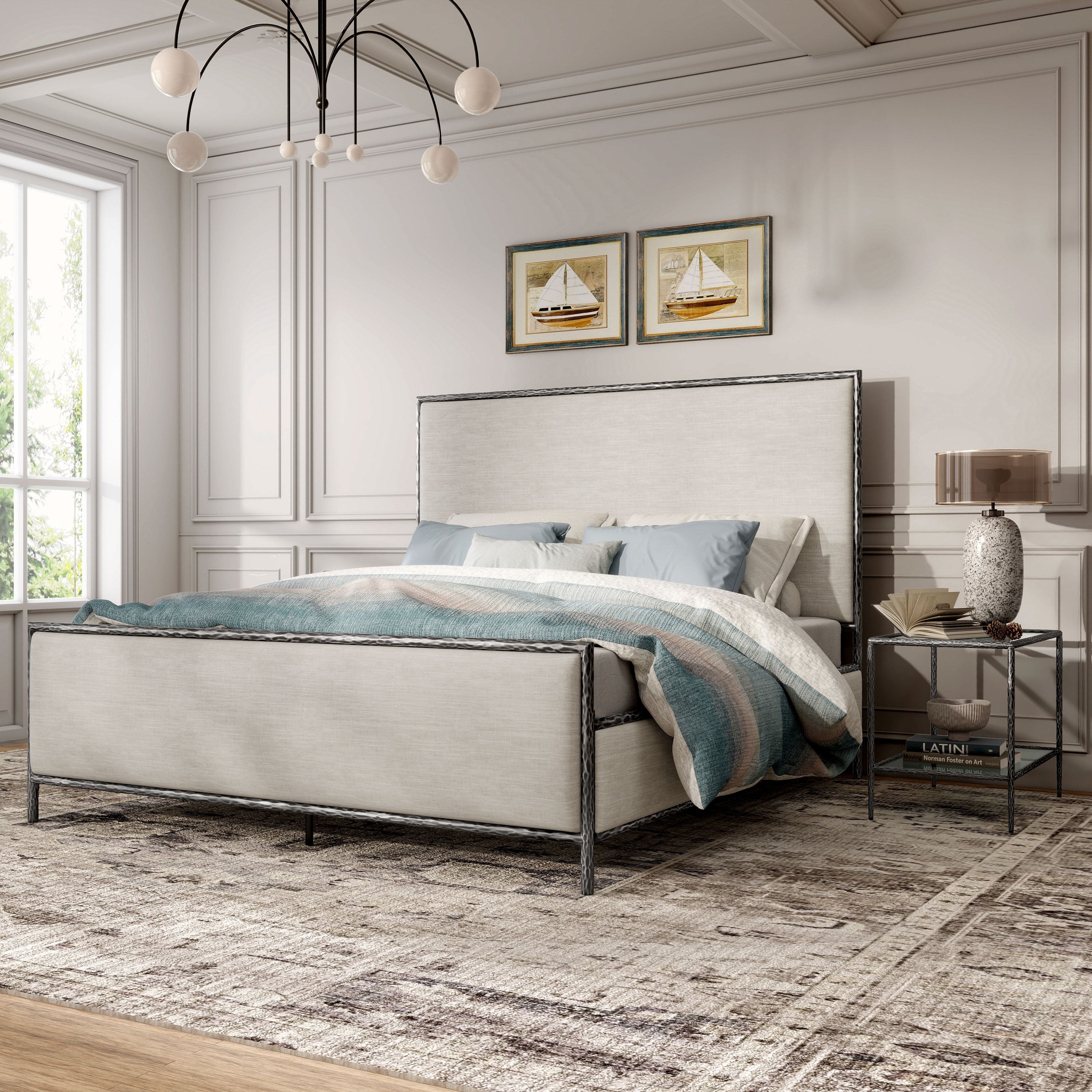 247 Shop At Home Lalia Modern 2 Piece Upholstered Hammered Metal Panel Bedroom Set With Nightstand