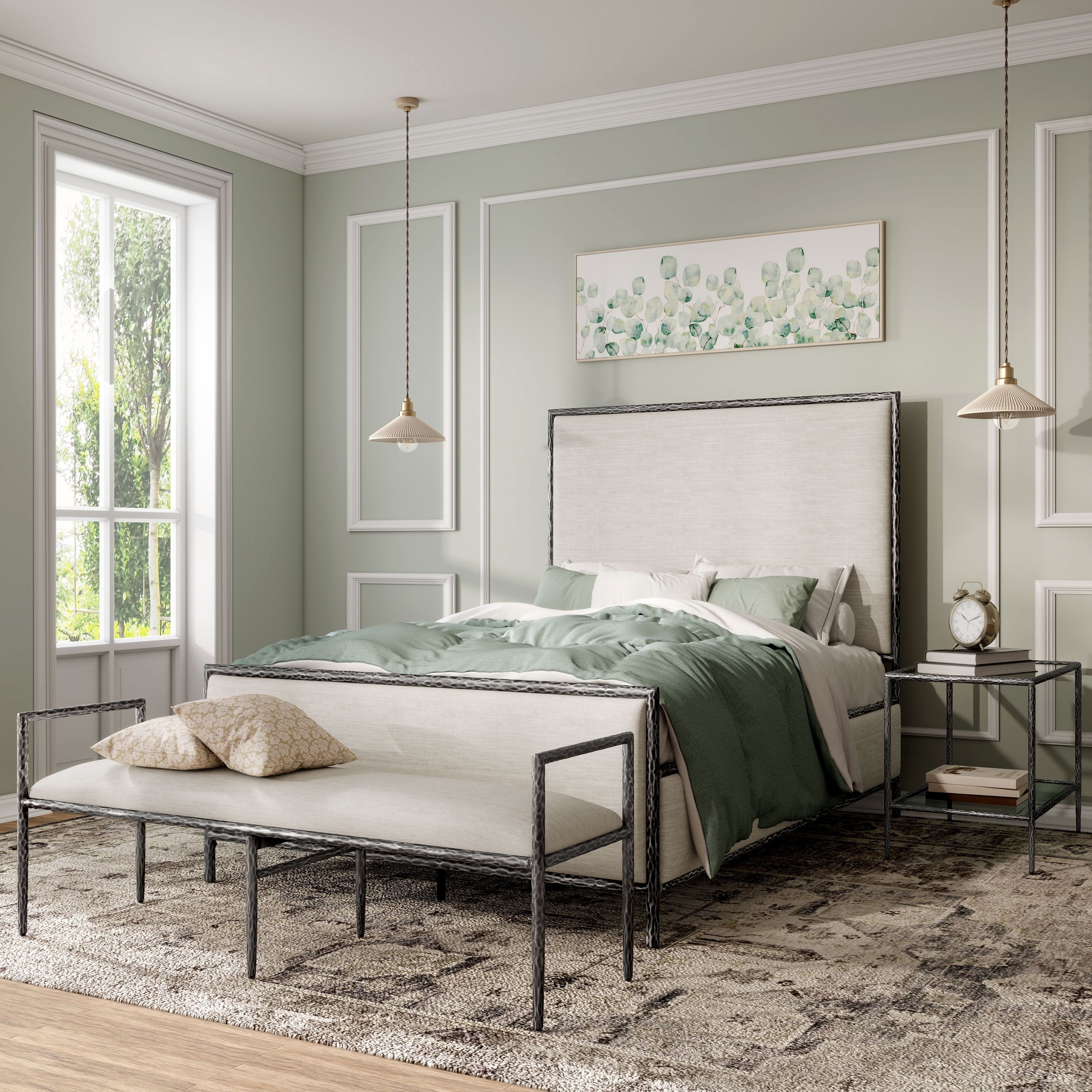 247 Shop At Home Lalia Modern 3 Piece Upholstered Hammered Metal Panel Bedroom Set With Nightstand And Bench