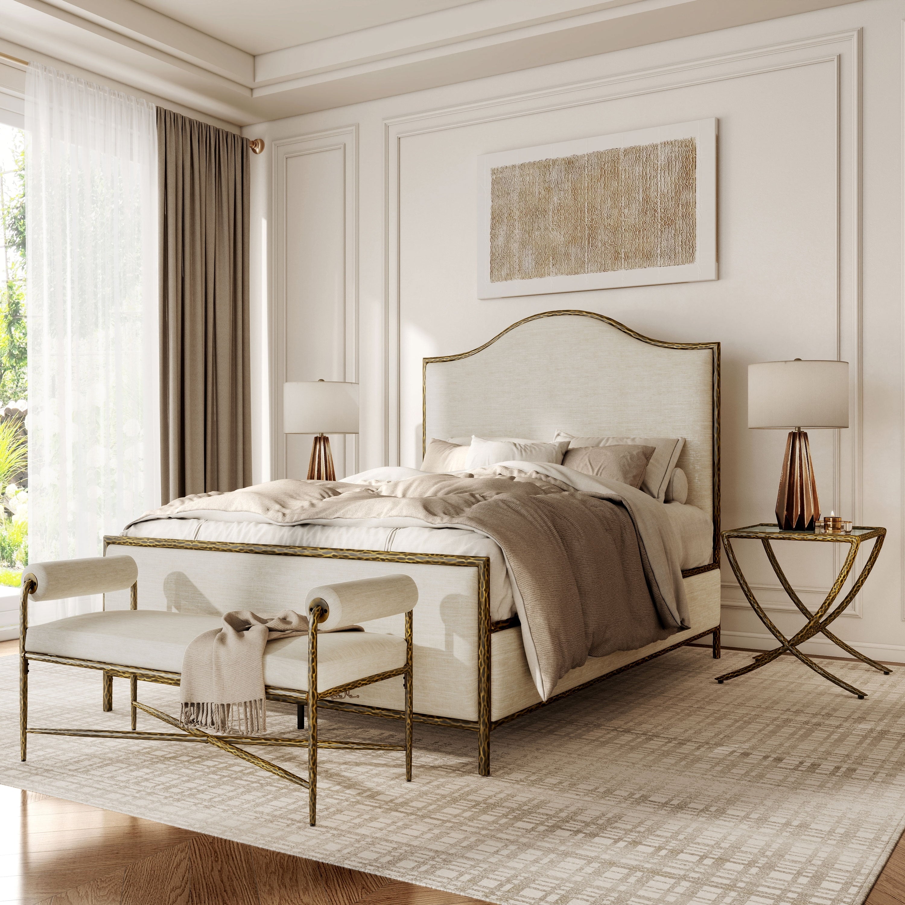 247 Shop At Home Lalia Modern 4 Piece Upholstered Hammered Metal Camelback Bedroom Set With 2 Nightstands