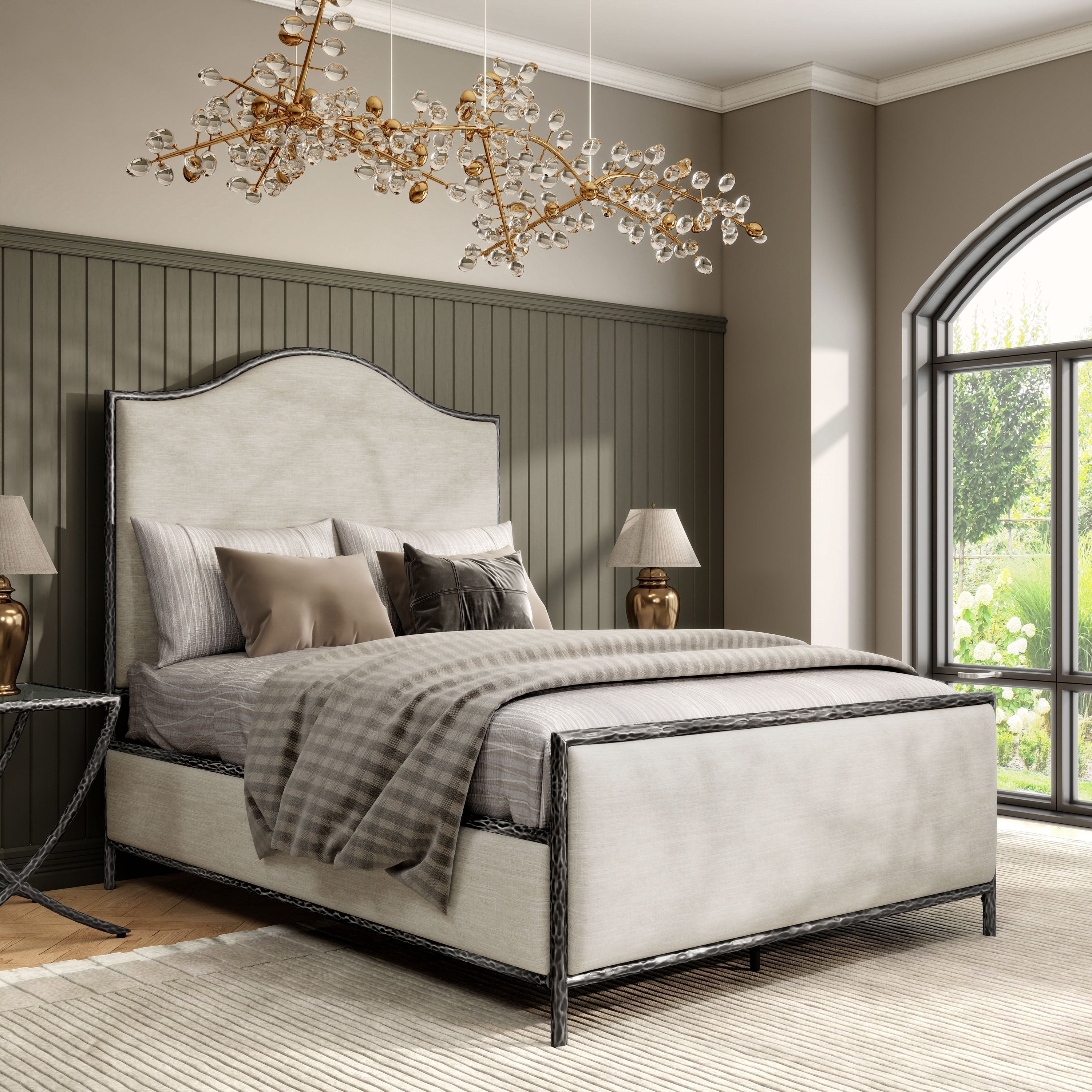 247 Shop At Home Lalia Modern Beige Upholstered Metal Queen Size Camelback Bed