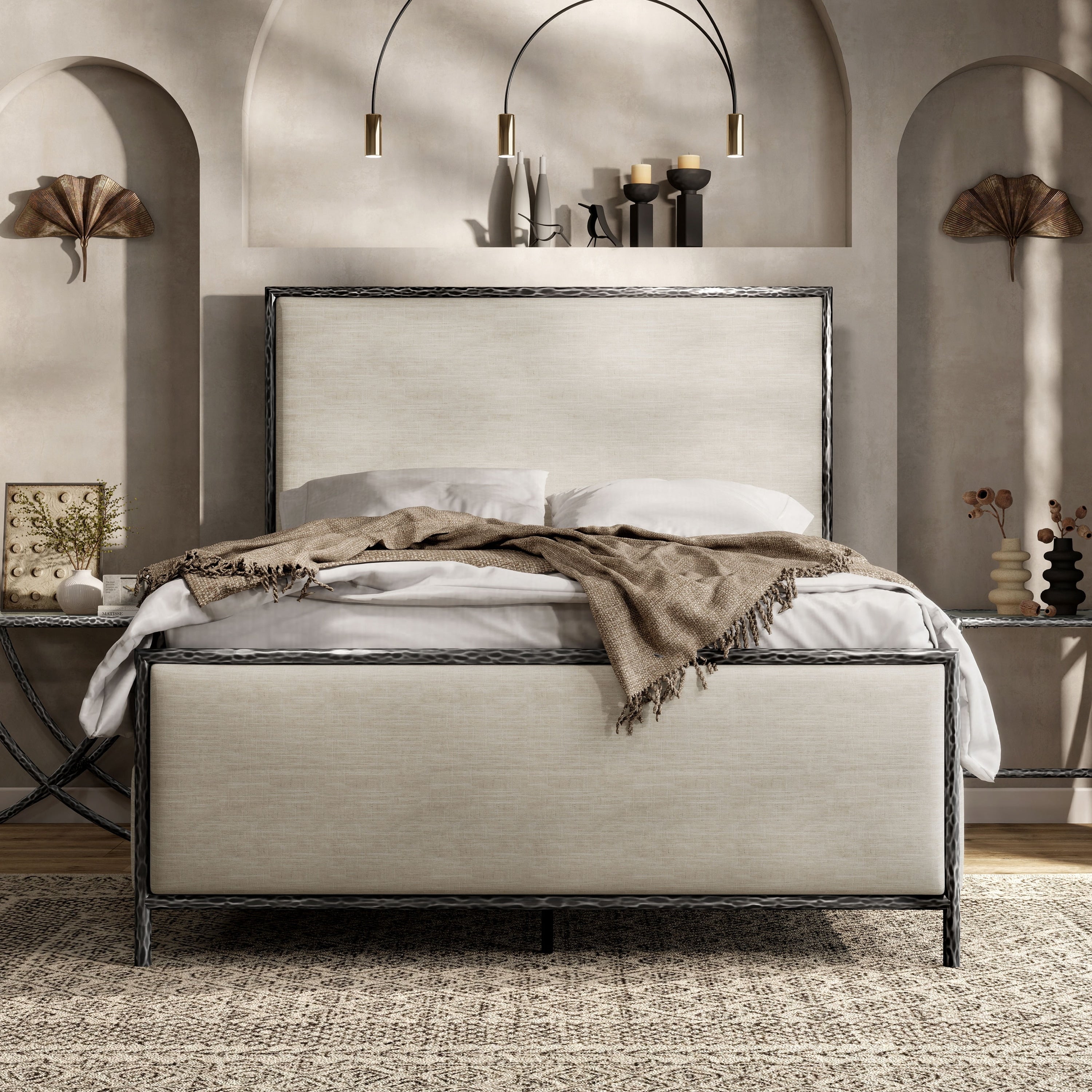247 Shop At Home Lalia Modern Beige Upholstered Metal Queen Size Panel Bed