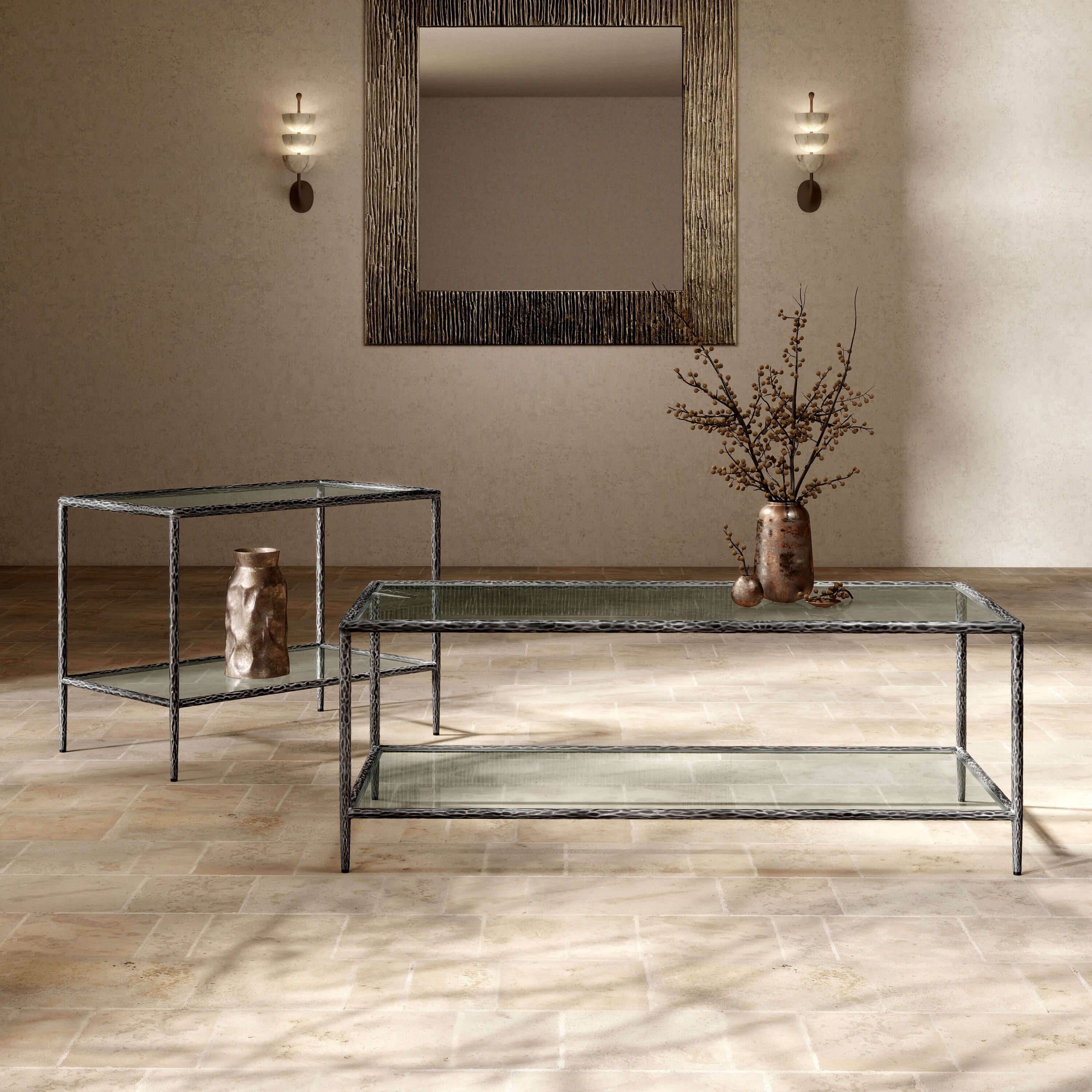 247 Shop At Home Lalia Modern Hammered Metal 2 Piece 1 Shelf Coffee Table Set