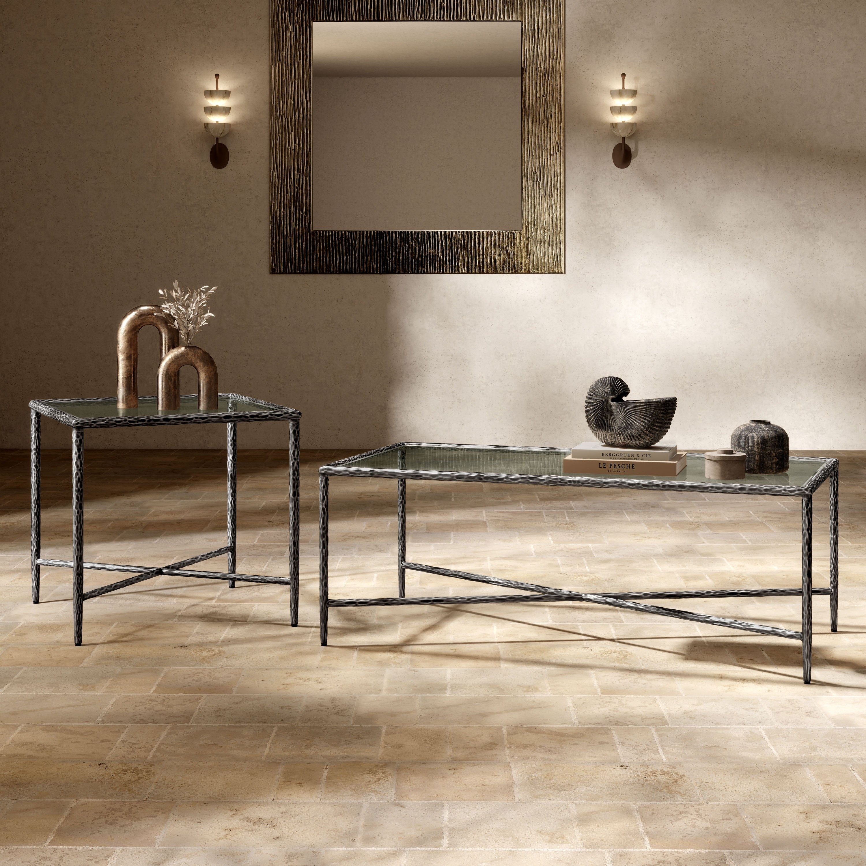 247 Shop At Home Lalia Modern Hammered Metal 2 Piece X Brace Coffee Table Set