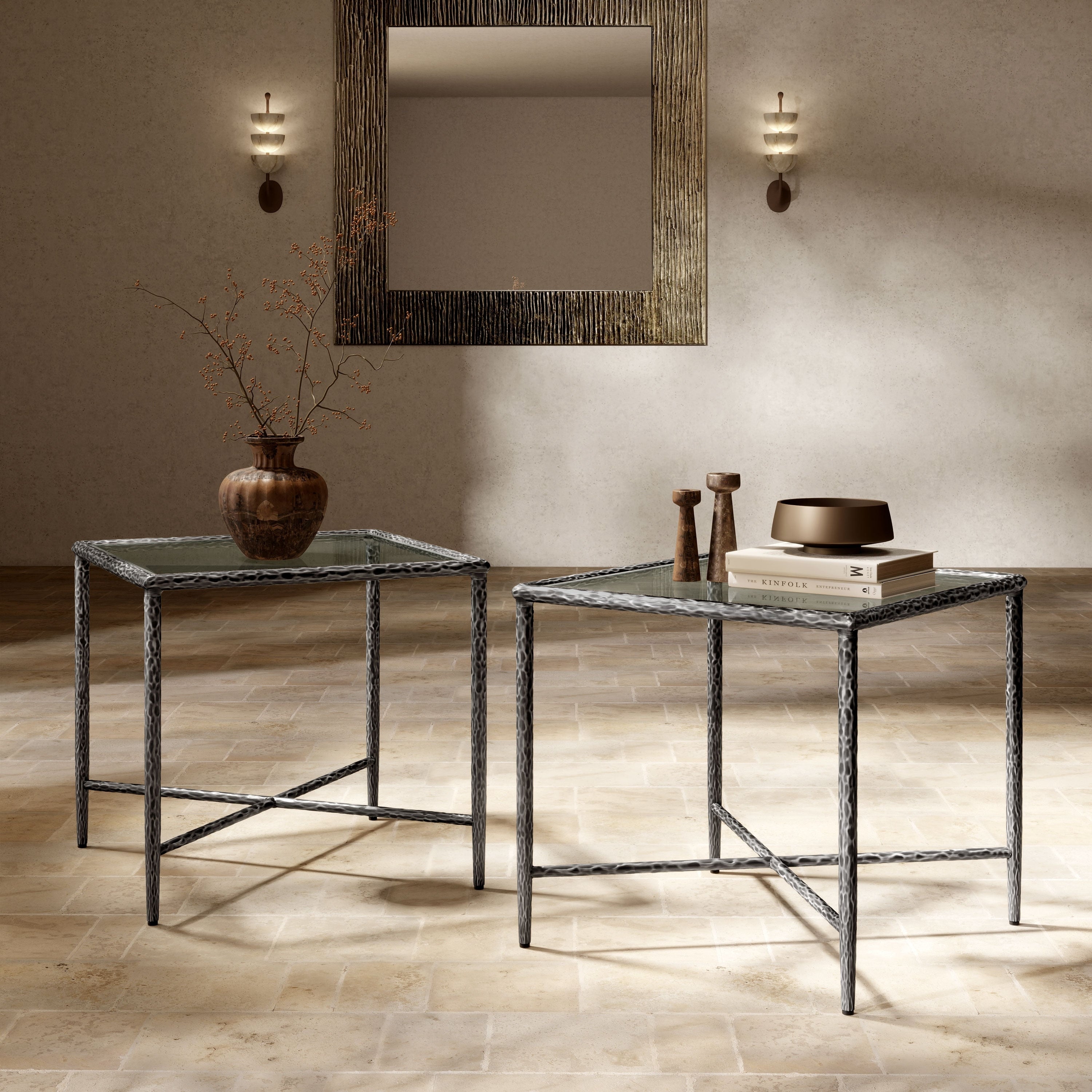 247 Shop At Home Lalia Modern Hammered Metal 2 Piece X Brace End Table Set