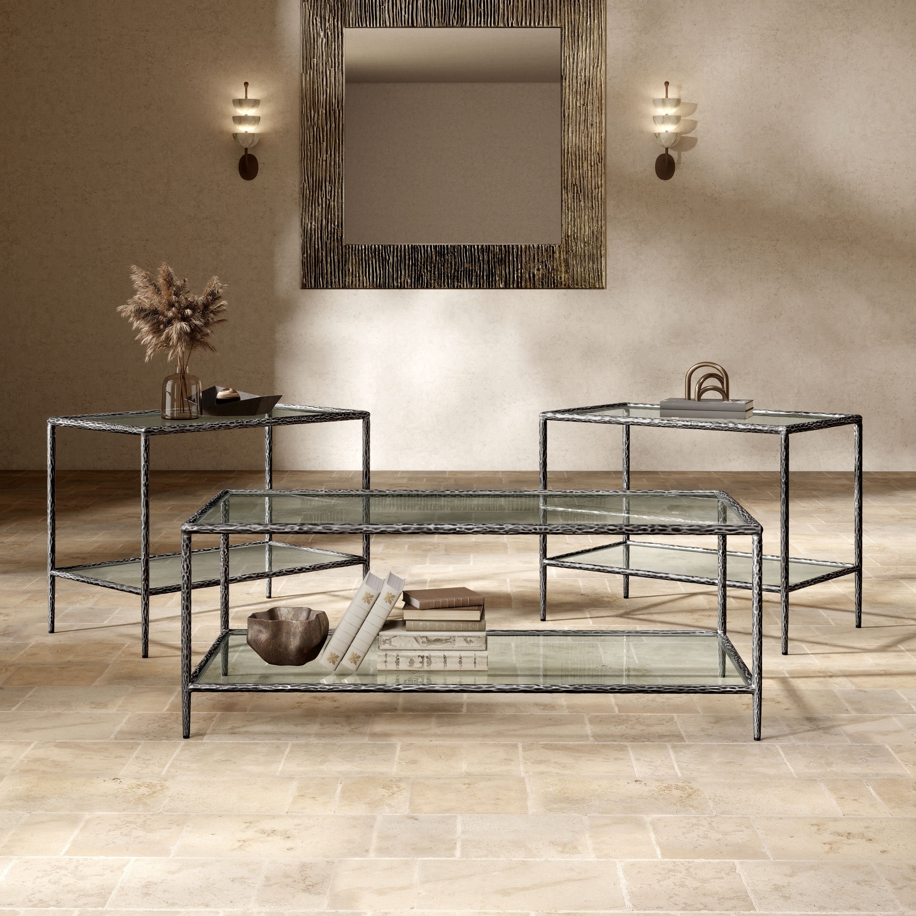 247 Shop At Home Lalia Modern Hammered Metal 3 Piece 1 Shelf Coffee Table Set