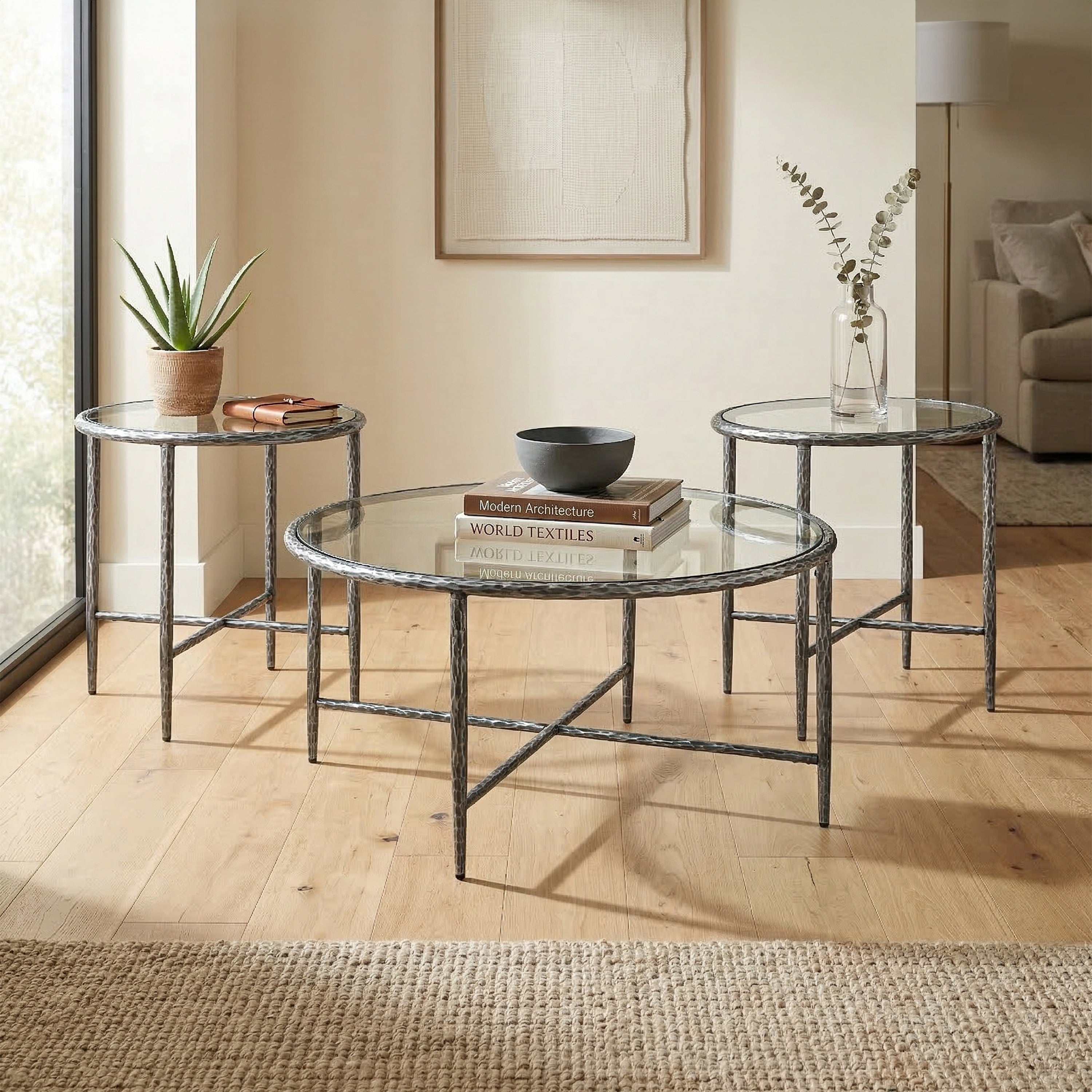 247 Shop At Home Lalia Modern Hammered Metal 3 Piece Round Coffee Table Set