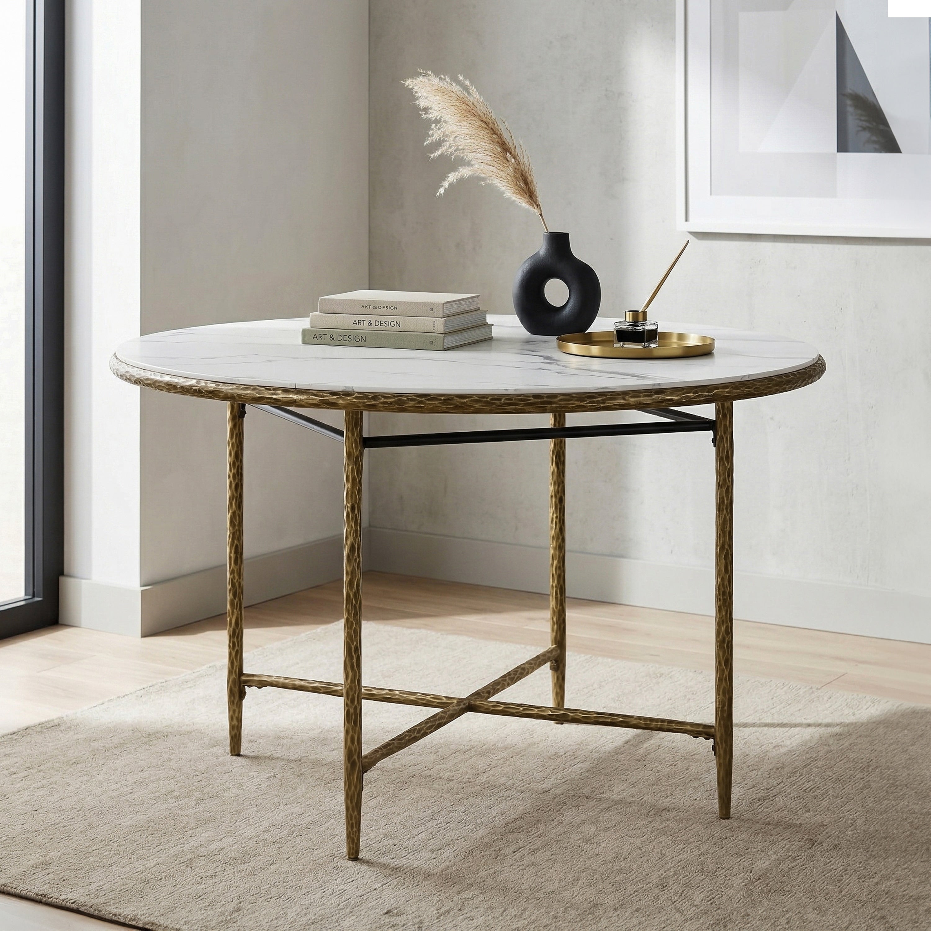 247 Shop At Home Lalia Modern Hammered Metal X Brace Round Dining Table With Faux Marble Top