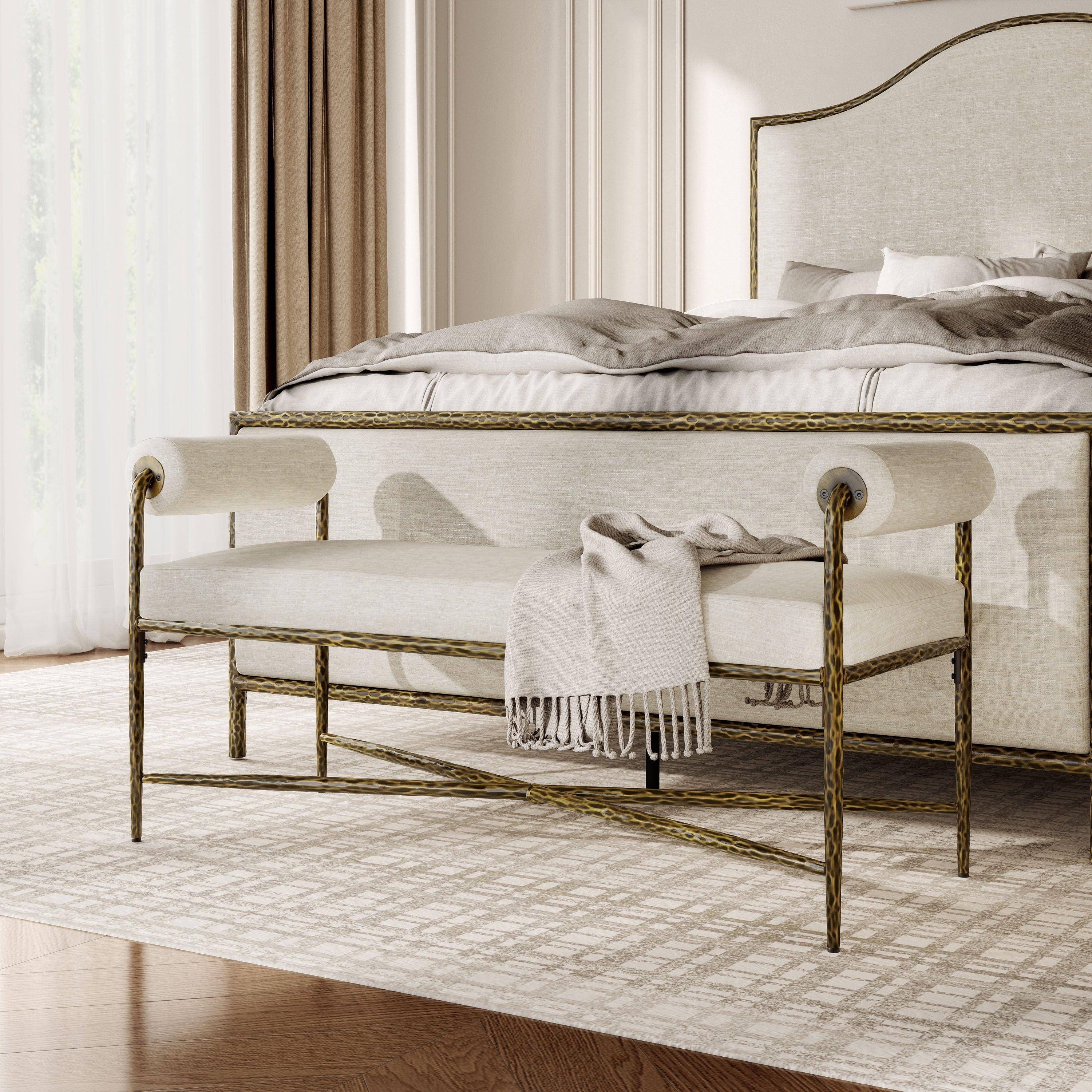 247 Shop At Home Lalia Modern Upholstered 48 Inch Metal Accent Bench With Roll Arms