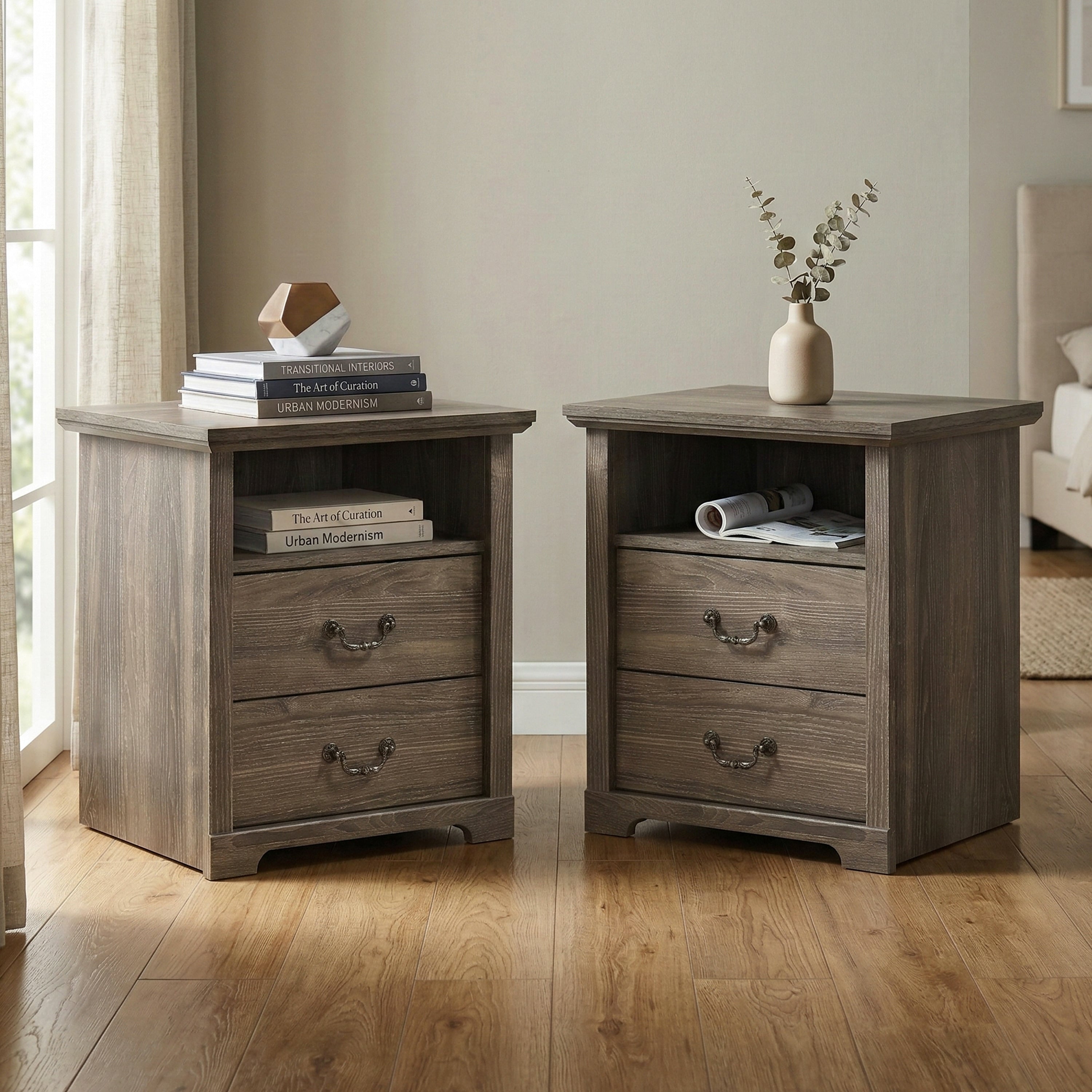 247 Shop At Home Marie 2 Drawer Set Of 2 Nightstands With Open Storage Shelf